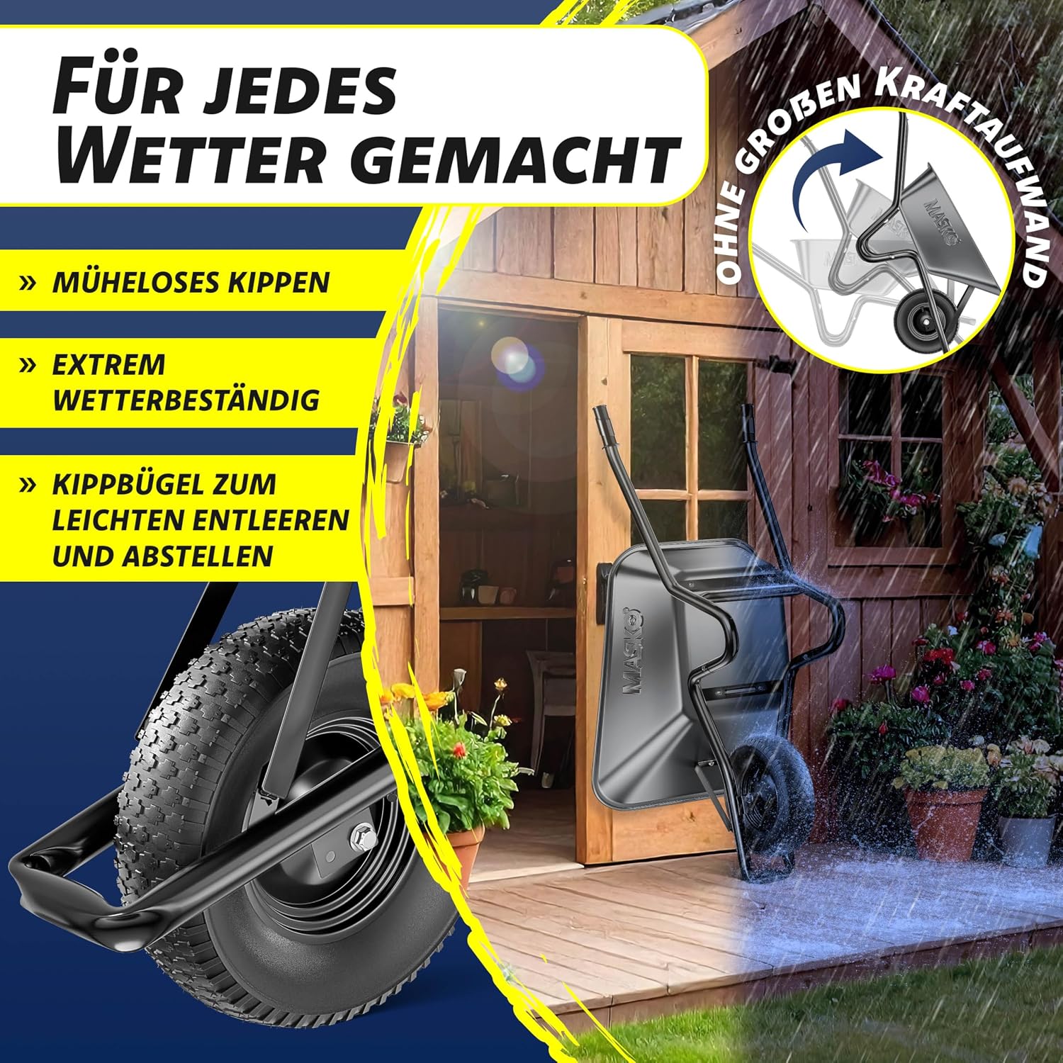 MASKO® Schubkarre Bauschubkarre Gartenschubkarre 100 Liter 250kg Luftreifen mit Stahlfelge + Ersatzschlauch Schubkarrenschlauch, verzinkt Stahlrahmen Garten Karre Schiebkarre Transportkarre Handschuhe — Ansicht 5