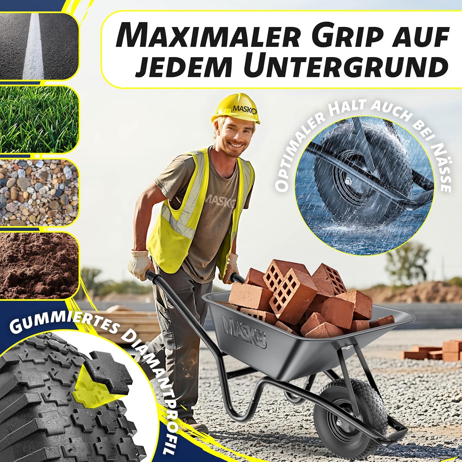 MASKO® Schubkarre Bauschubkarre Gartenschubkarre 100 Liter 250kg Luftreifen mit Stahlfelge + Ersatzschlauch Schubkarrenschlauch, verzinkt Stahlrahmen Garten Karre Schiebkarre Transportkarre Handschuhe — Ansicht 6