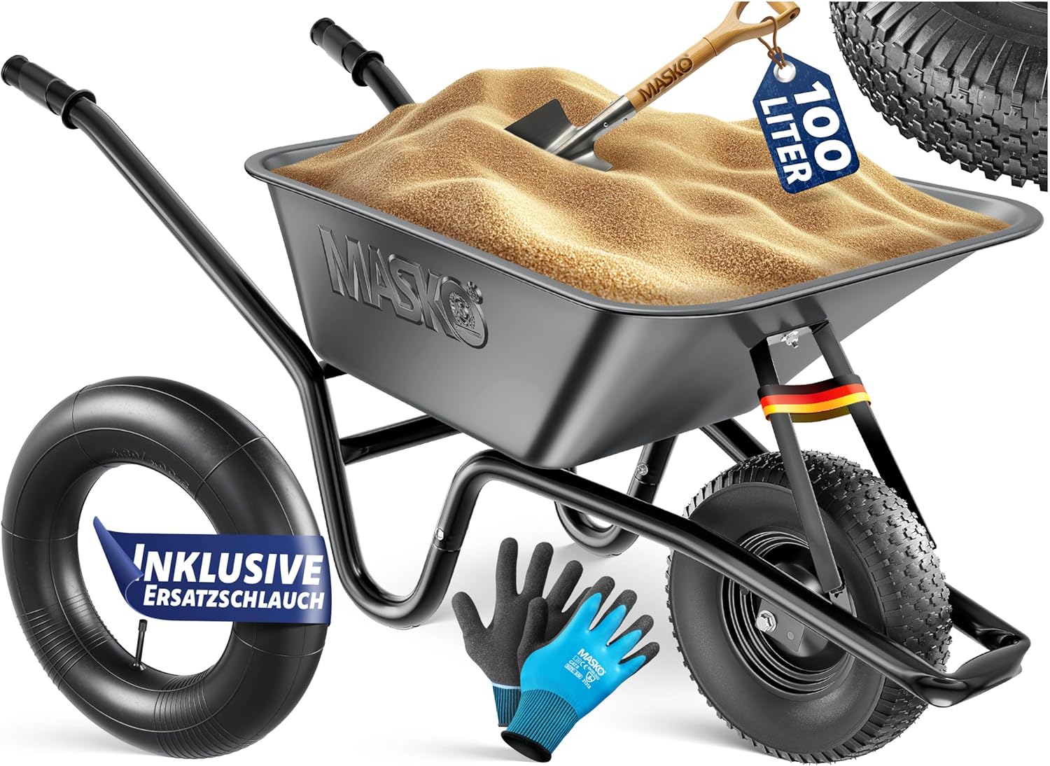 MASKO® Schubkarre Bauschubkarre Gartenschubkarre 100 Liter 250kg Luftreifen mit Stahlfelge + Ersatzschlauch Schubkarrenschlauch, verzinkt Stahlrahmen Garten Karre Schiebkarre Transportkarre Handschuhe