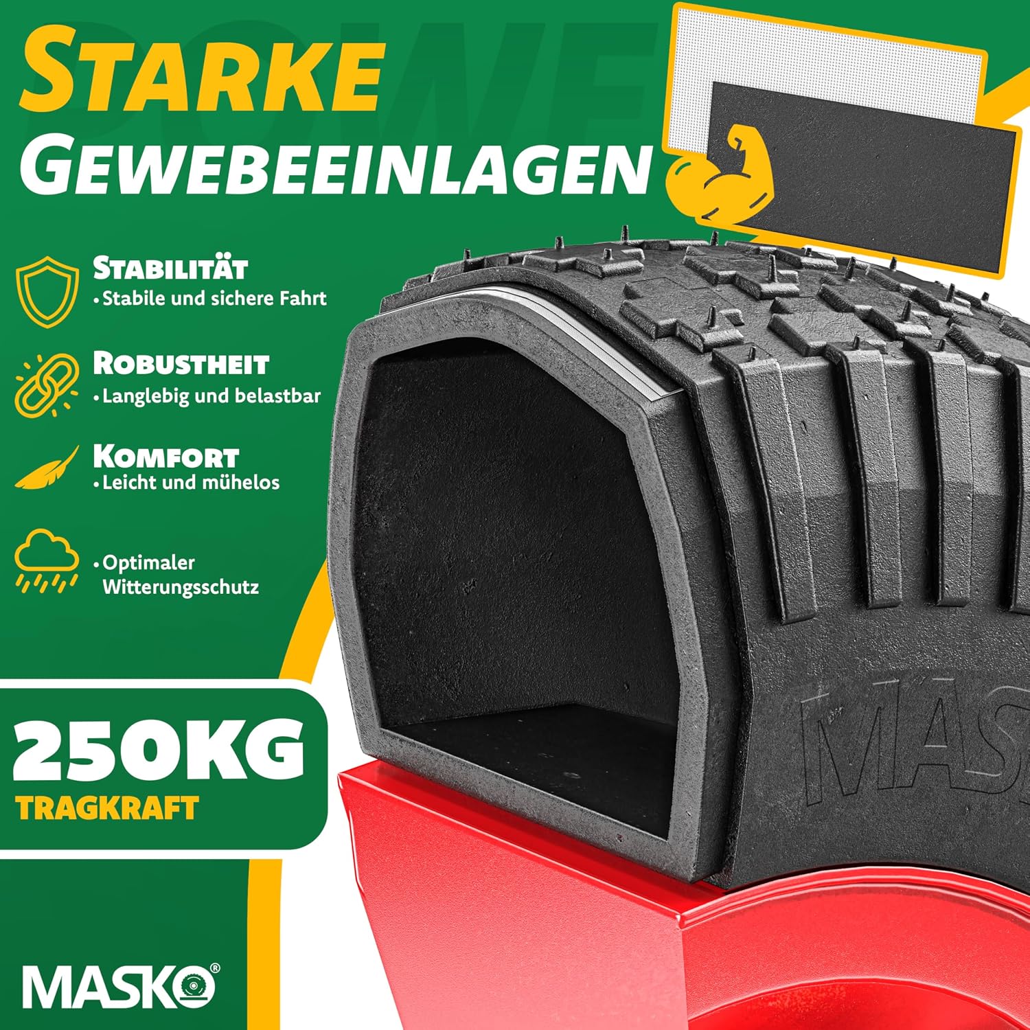 MASKO® Schubkarrenrad Luftbereifung 250kg Ersatzrad Luftreifen Schubkarre Gartenkarre 40cm / 15,6" extrabreit 9,5cm Luft-Rad pannensicherer Reifen mit Stahlfelge & Handschuhe Karbonstahl-Kugellager — Ansicht 2