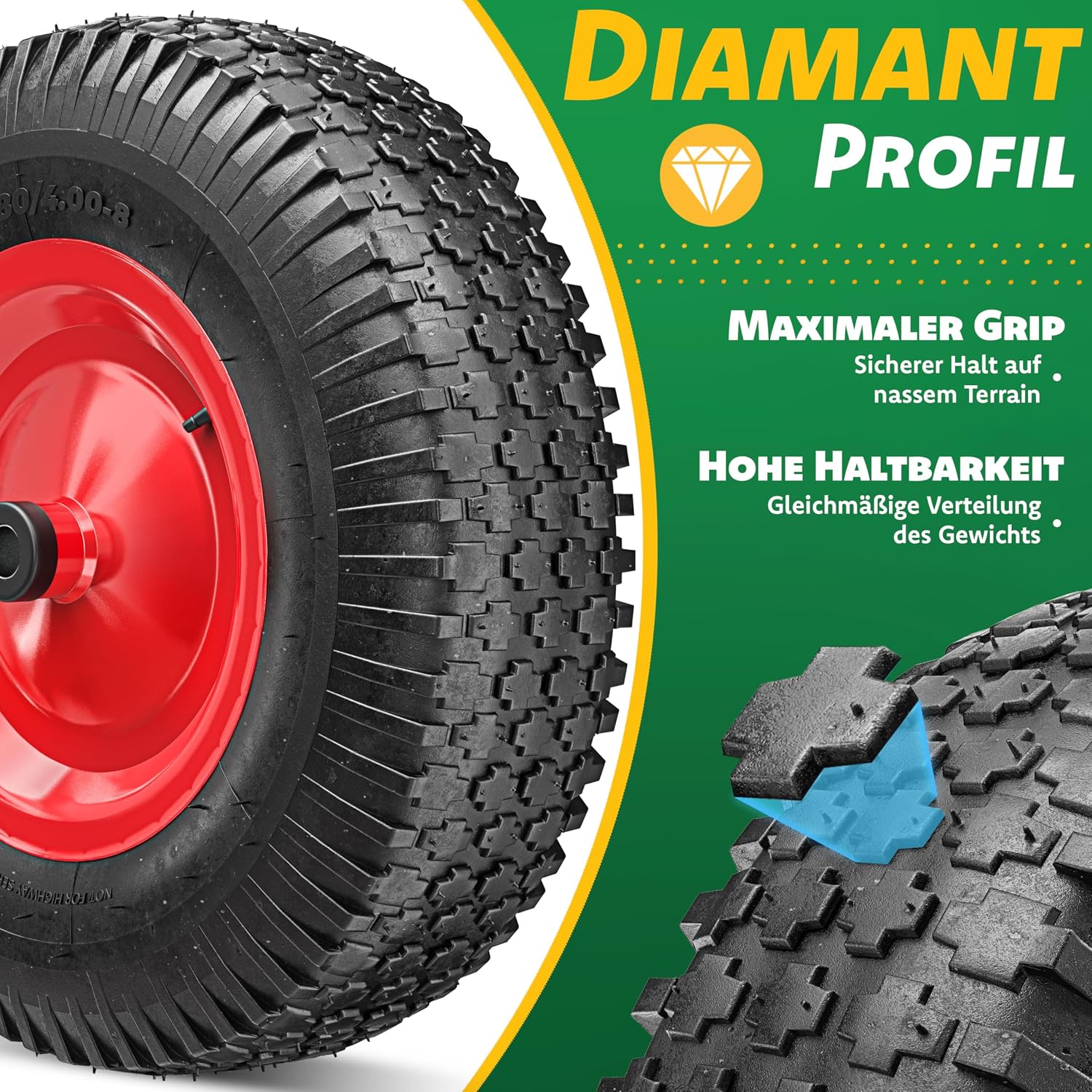 MASKO® Schubkarrenrad Luftbereifung 250kg Ersatzrad Luftreifen Schubkarre Gartenkarre 40cm / 15,6" extrabreit 9,5cm Luft-Rad pannensicherer Reifen mit Stahlfelge & Handschuhe Karbonstahl-Kugellager — Ansicht 3