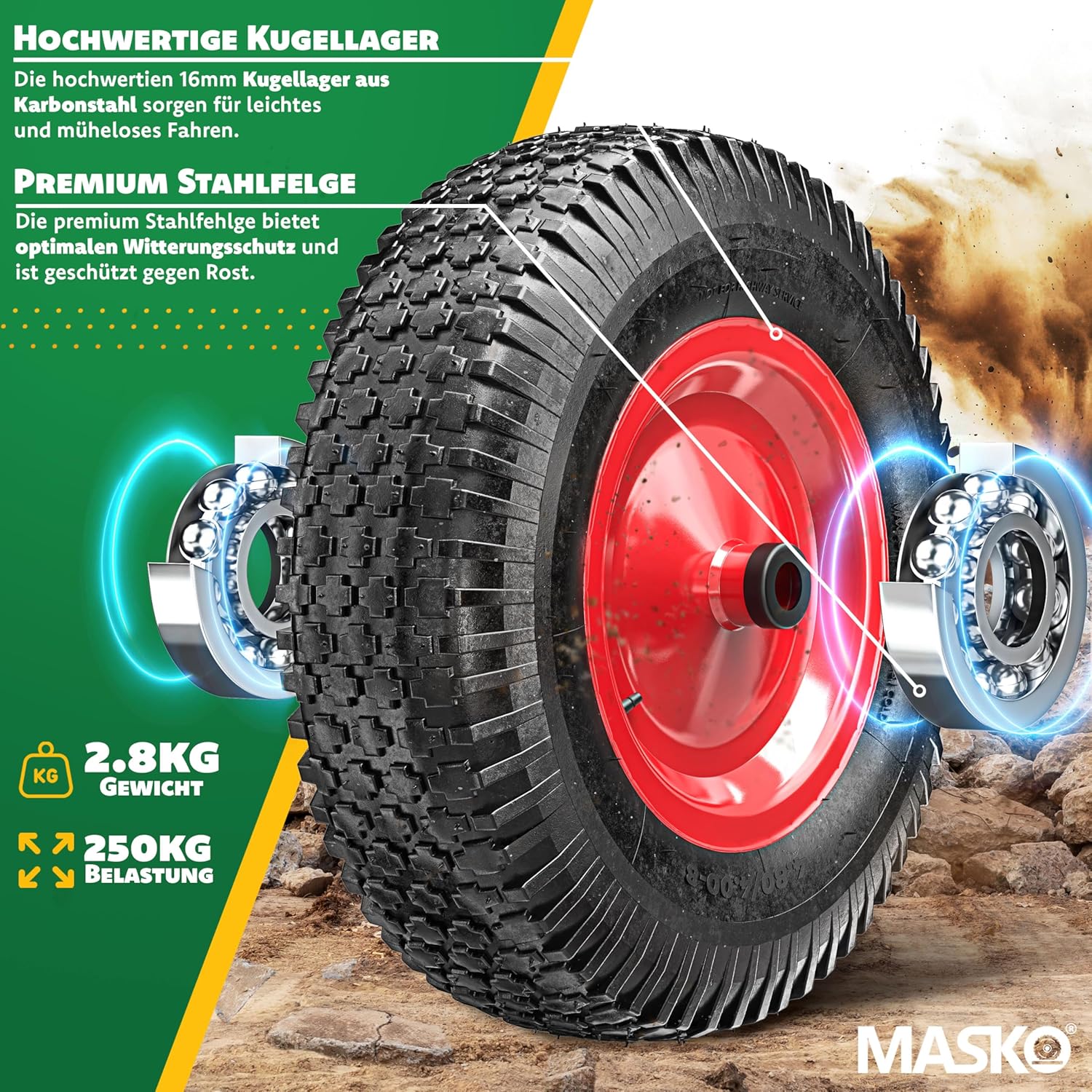MASKO® Schubkarrenrad Luftbereifung 250kg Ersatzrad Luftreifen Schubkarre Gartenkarre 40cm / 15,6" extrabreit 9,5cm Luft-Rad pannensicherer Reifen mit Stahlfelge & Handschuhe Karbonstahl-Kugellager — Ansicht 4