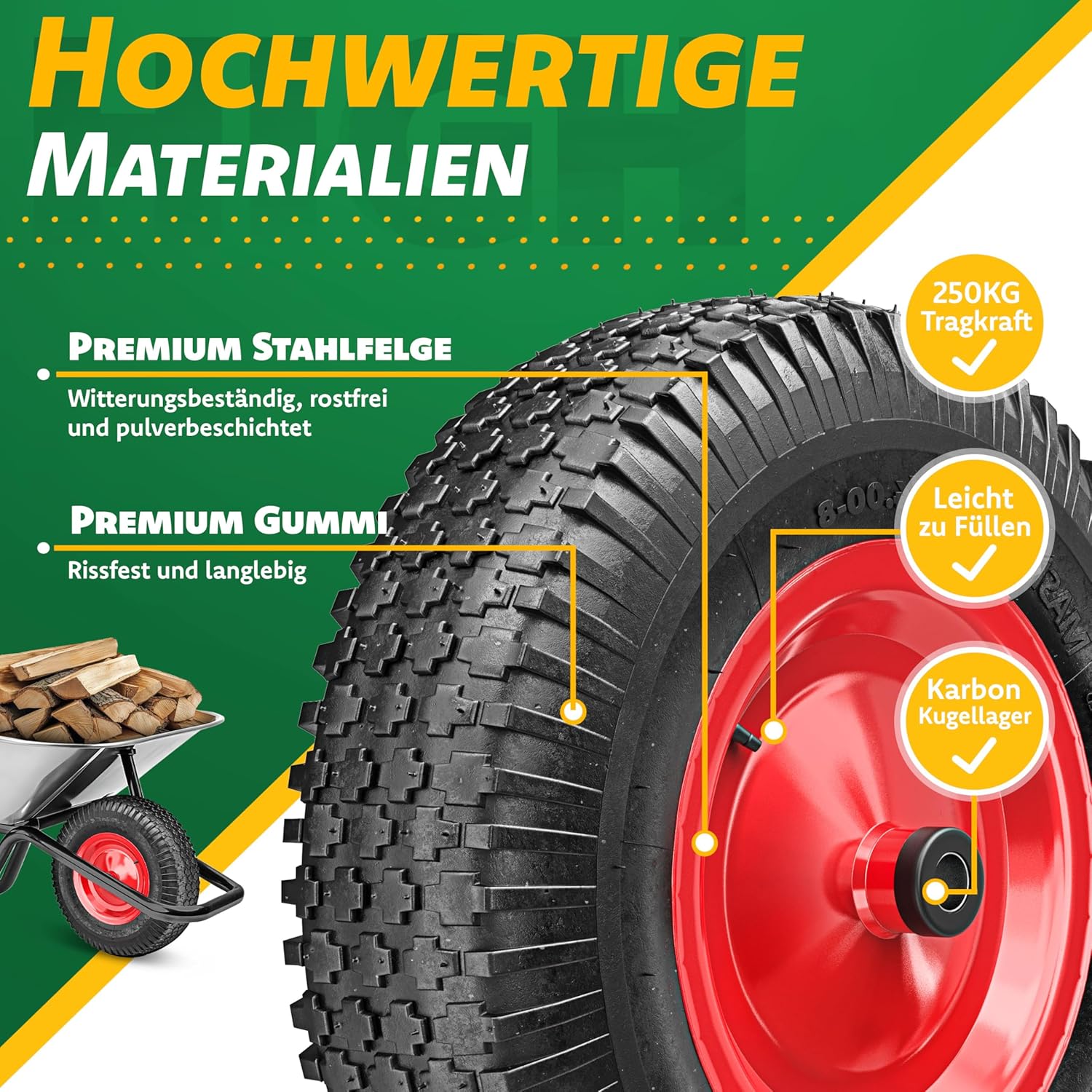 MASKO® Schubkarrenrad Luftbereifung 250kg Ersatzrad Luftreifen Schubkarre Gartenkarre 40cm / 15,6" extrabreit 9,5cm Luft-Rad pannensicherer Reifen mit Stahlfelge & Handschuhe Karbonstahl-Kugellager — Ansicht 5