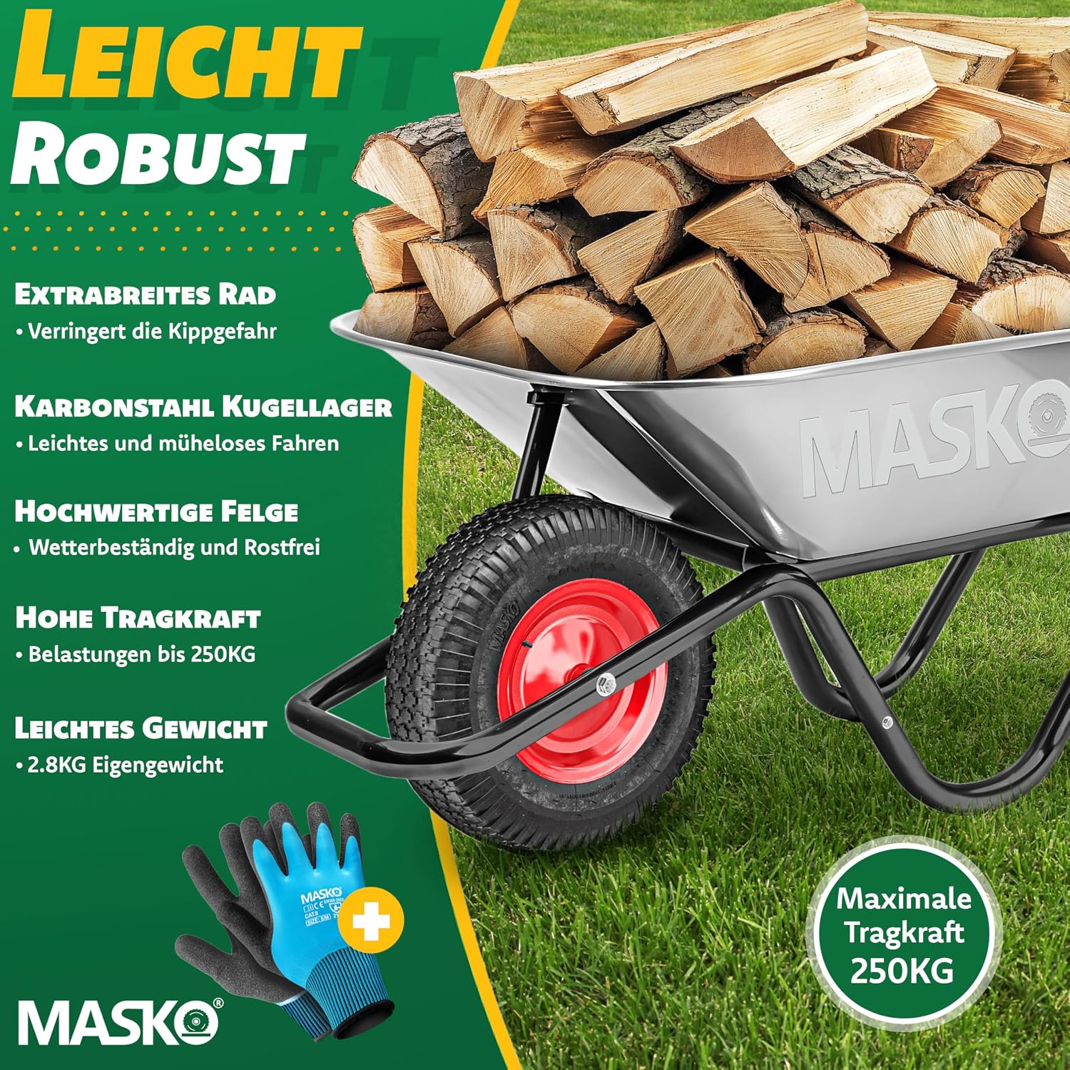 MASKO® Schubkarrenrad Luftbereifung 250kg Ersatzrad Luftreifen Schubkarre Gartenkarre 40cm / 15,6" extrabreit 9,5cm Luft-Rad pannensicherer Reifen mit Stahlfelge & Handschuhe Karbonstahl-Kugellager — Ansicht 6