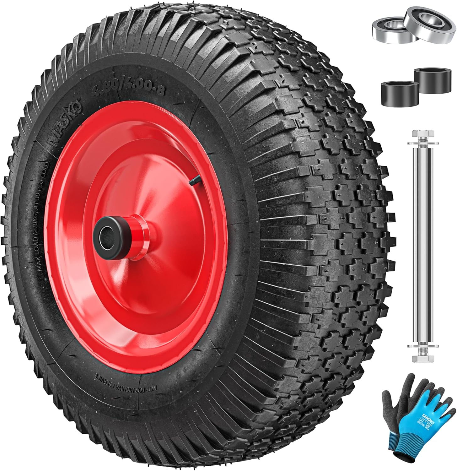 MASKO® Schubkarrenrad Luftbereifung 250kg Ersatzrad Luftreifen Schubkarre Gartenkarre 40cm / 15,6" extrabreit 9,5cm Luft-Rad pannensicherer Reifen mit Stahlfelge & Handschuhe Karbonstahl-Kugellager