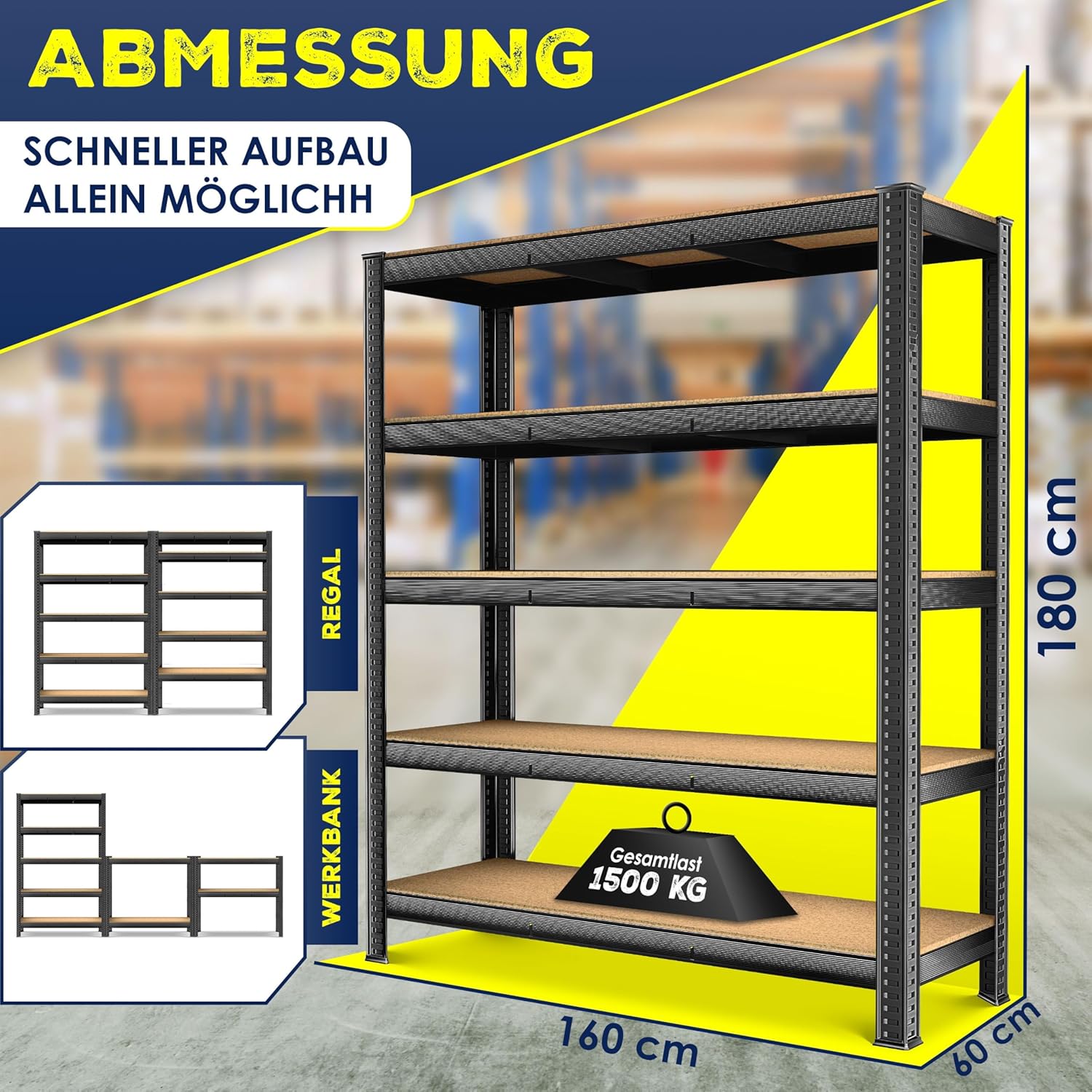MASKO® Schwerlastregal Lagerregal Kellerregal 180x160x60cm, 1500kg belastbar, 5 verstellbare Ablagen, MDF-Platten Regal aus Metall, Steckregal, Werkstattregal Stahlgestell Garage Werkbank Schwarz — Ansicht 2