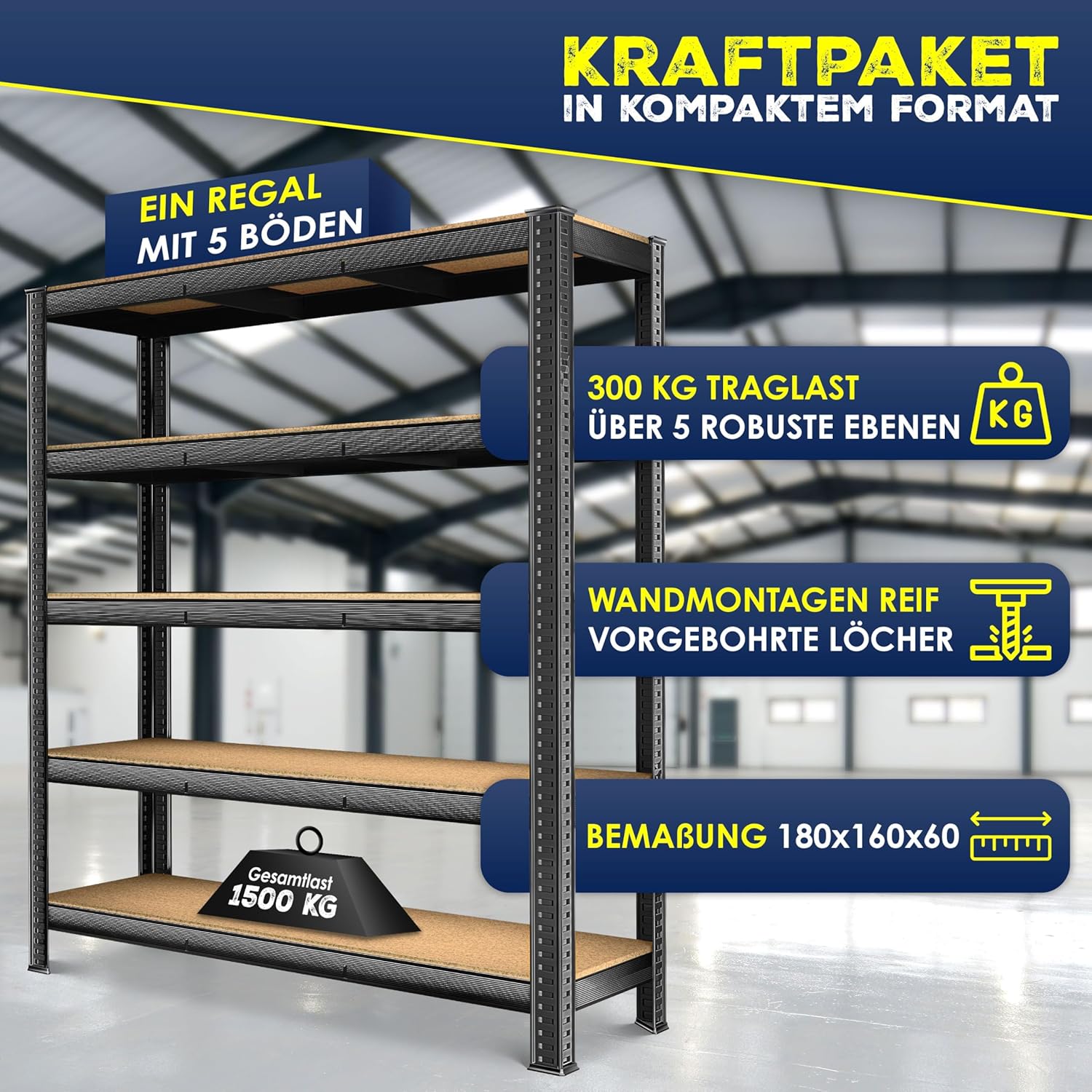MASKO® Schwerlastregal Lagerregal Kellerregal 180x160x60cm, 1500kg belastbar, 5 verstellbare Ablagen, MDF-Platten Regal aus Metall, Steckregal, Werkstattregal Stahlgestell Garage Werkbank Schwarz — Ansicht 3