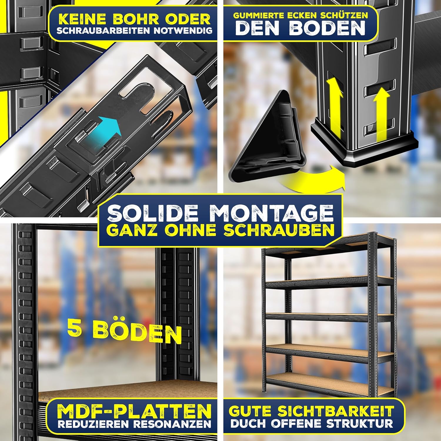 MASKO® Schwerlastregal Lagerregal Kellerregal 180x160x60cm, 1500kg belastbar, 5 verstellbare Ablagen, MDF-Platten Regal aus Metall, Steckregal, Werkstattregal Stahlgestell Garage Werkbank Schwarz — Ansicht 4