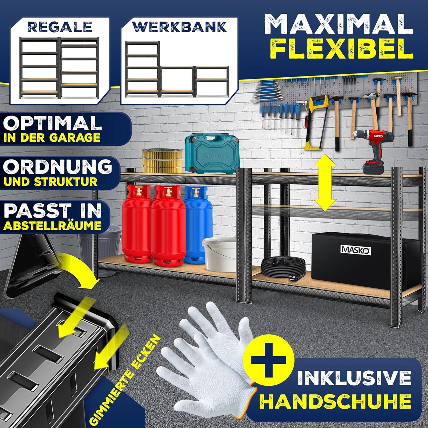 MASKO® Schwerlastregal Lagerregal Kellerregal 180x160x60cm, 1500kg belastbar, 5 verstellbare Ablagen, MDF-Platten Regal aus Metall, Steckregal, Werkstattregal Stahlgestell Garage Werkbank Schwarz — Ansicht 5