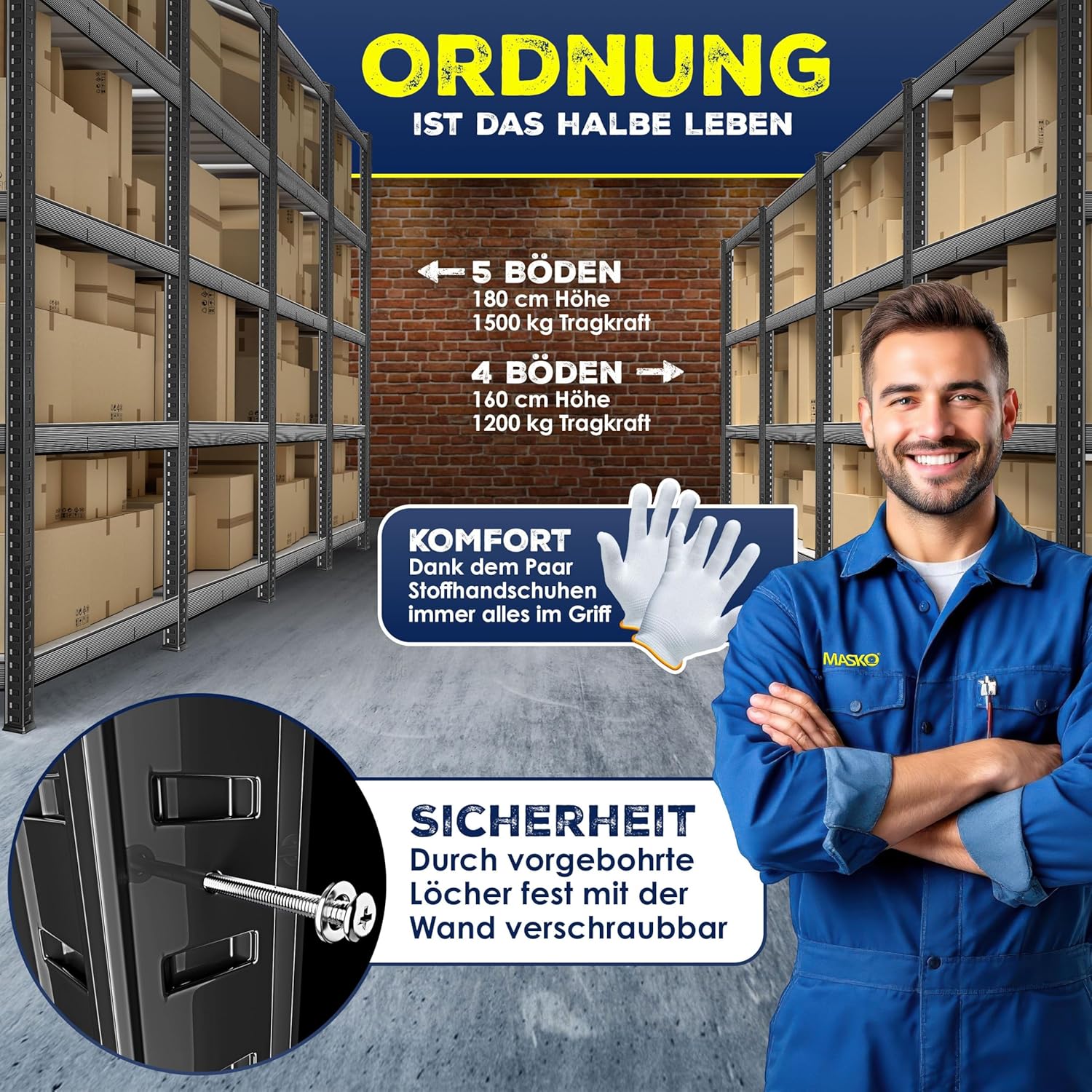 MASKO® Schwerlastregal Lagerregal Kellerregal 180x160x60cm, 1500kg belastbar, 5 verstellbare Ablagen, MDF-Platten Regal aus Metall, Steckregal, Werkstattregal Stahlgestell Garage Werkbank Schwarz — Ansicht 6