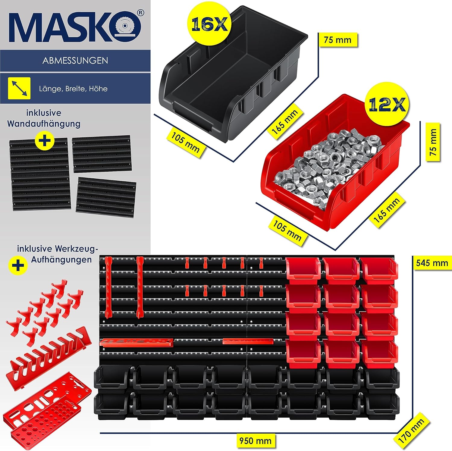 MASKO® Stapelboxen + Wandregal + Werkzeughalter 45-teiliges Set Box erweiterbar Sichtlagerkästen Schüttenregal Steckregal, Hängeregal Sortimentskasten Kleinteilemagazin Werkstatt-Regal Schwarz/Rot — Ansicht 2