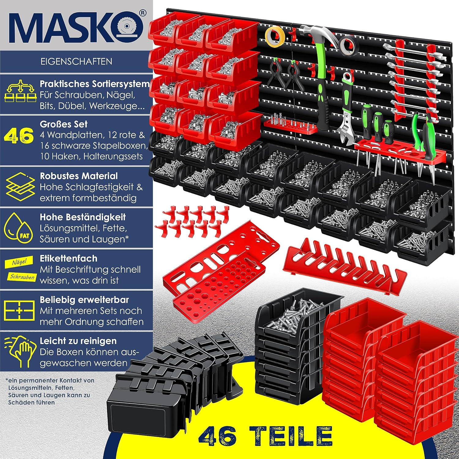 MASKO® Stapelboxen + Wandregal + Werkzeughalter 45-teiliges Set Box erweiterbar Sichtlagerkästen Schüttenregal Steckregal, Hängeregal Sortimentskasten Kleinteilemagazin Werkstatt-Regal Schwarz/Rot — Ansicht 3
