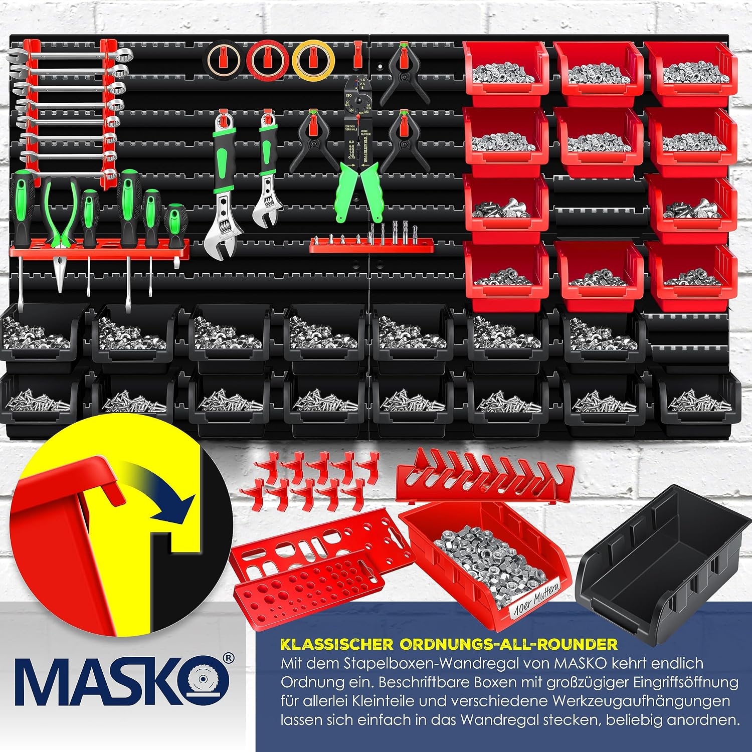 MASKO® Stapelboxen + Wandregal + Werkzeughalter 45-teiliges Set Box erweiterbar Sichtlagerkästen Schüttenregal Steckregal, Hängeregal Sortimentskasten Kleinteilemagazin Werkstatt-Regal Schwarz/Rot — Ansicht 4