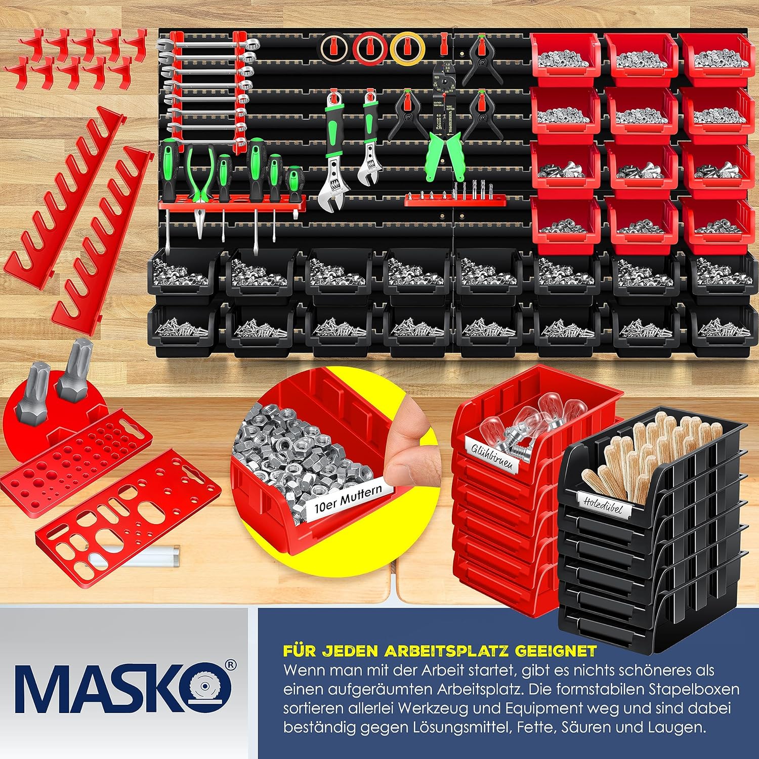 MASKO® Stapelboxen + Wandregal + Werkzeughalter 45-teiliges Set Box erweiterbar Sichtlagerkästen Schüttenregal Steckregal, Hängeregal Sortimentskasten Kleinteilemagazin Werkstatt-Regal Schwarz/Rot — Ansicht 5