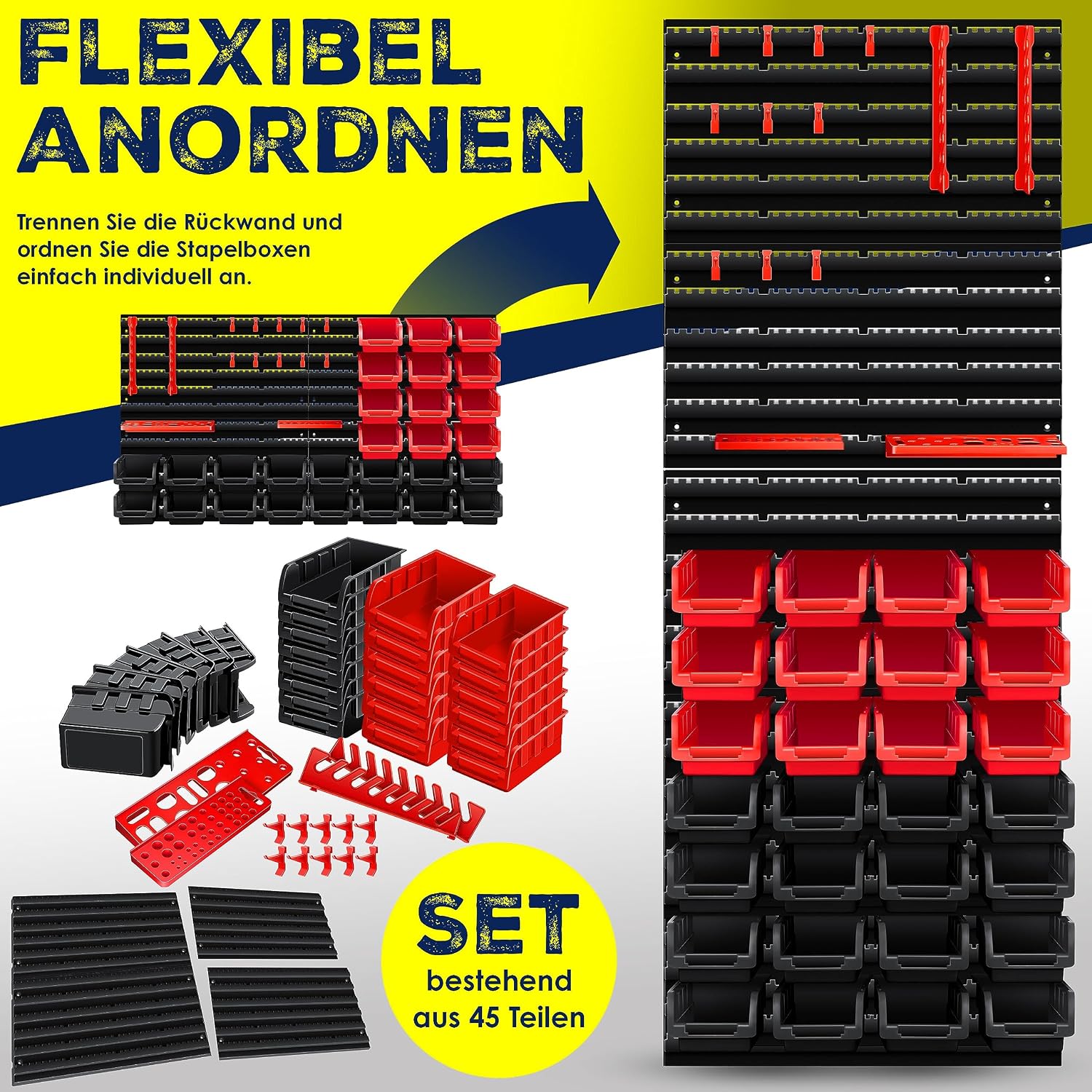 MASKO® Stapelboxen + Wandregal + Werkzeughalter 45-teiliges Set Box erweiterbar Sichtlagerkästen Schüttenregal Steckregal, Hängeregal Sortimentskasten Kleinteilemagazin Werkstatt-Regal Schwarz/Rot — Ansicht 6