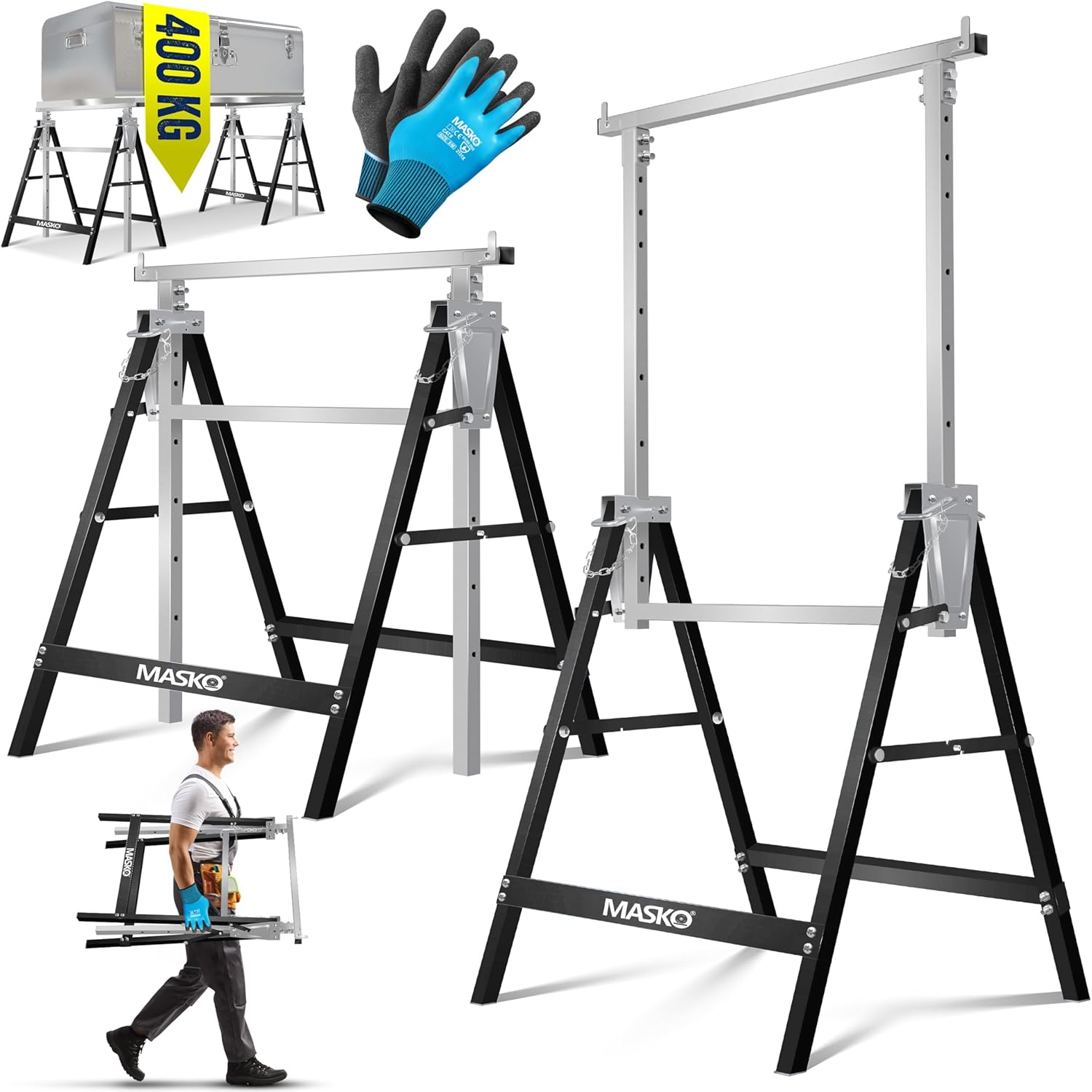 MASKO® Teleskop-Arbeitsbock Untergestell 2-er Set | Klappbock max. Belastbarkeit 200 kg | Unterstellbock höhenverstellbar Min. / max. Arbeitshöhe 800-1300 mm | Gerüstbock inkl. Handschuhe | Schwarz