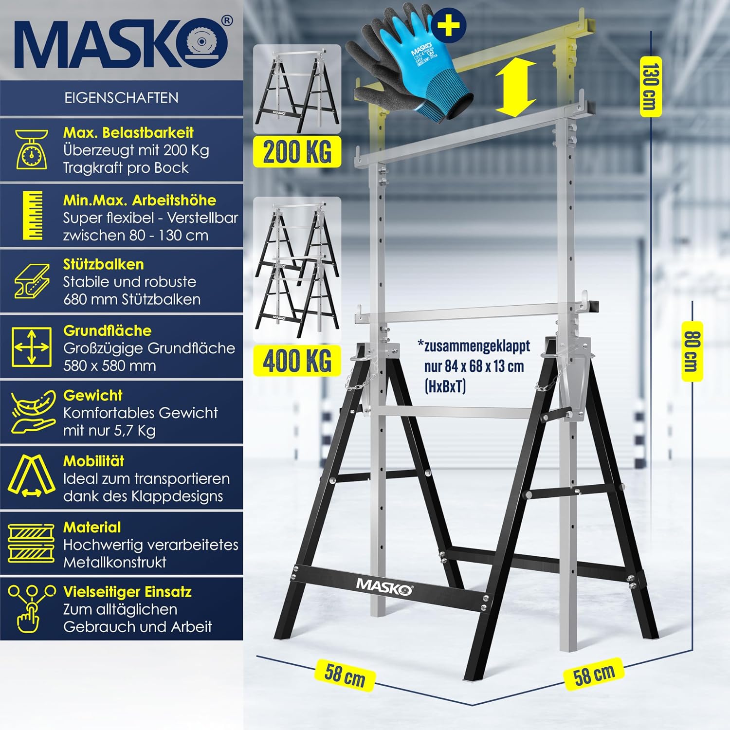 MASKO® Teleskop-Arbeitsbock Untergestell 2-er Set | Klappbock max. Belastbarkeit 200 kg | Unterstellbock höhenverstellbar Min. / max. Arbeitshöhe 800-1300 mm | Gerüstbock inkl. Handschuhe | Schwarz — Ansicht 2