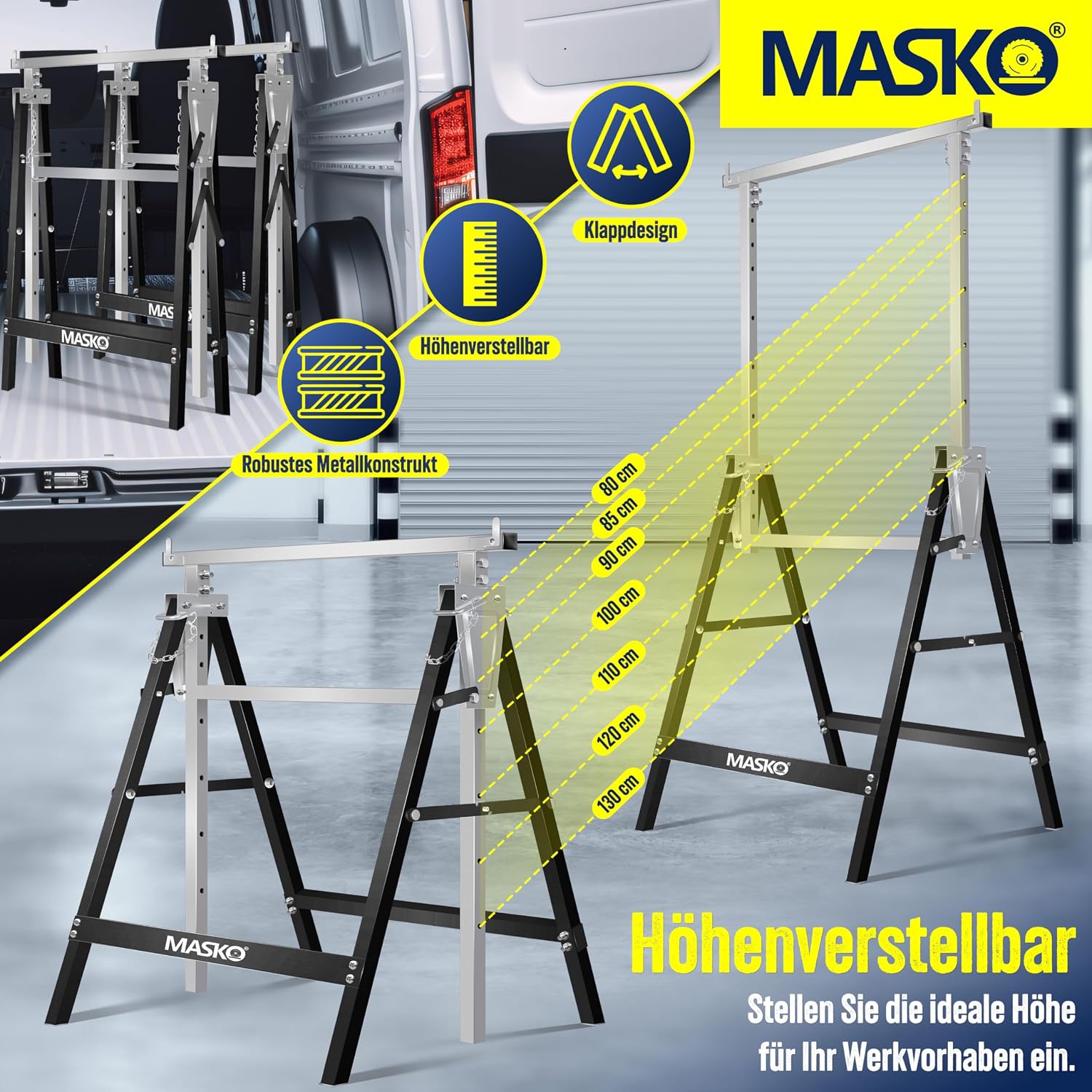 MASKO® Teleskop-Arbeitsbock Untergestell 2-er Set | Klappbock max. Belastbarkeit 200 kg | Unterstellbock höhenverstellbar Min. / max. Arbeitshöhe 800-1300 mm | Gerüstbock inkl. Handschuhe | Schwarz — Ansicht 3