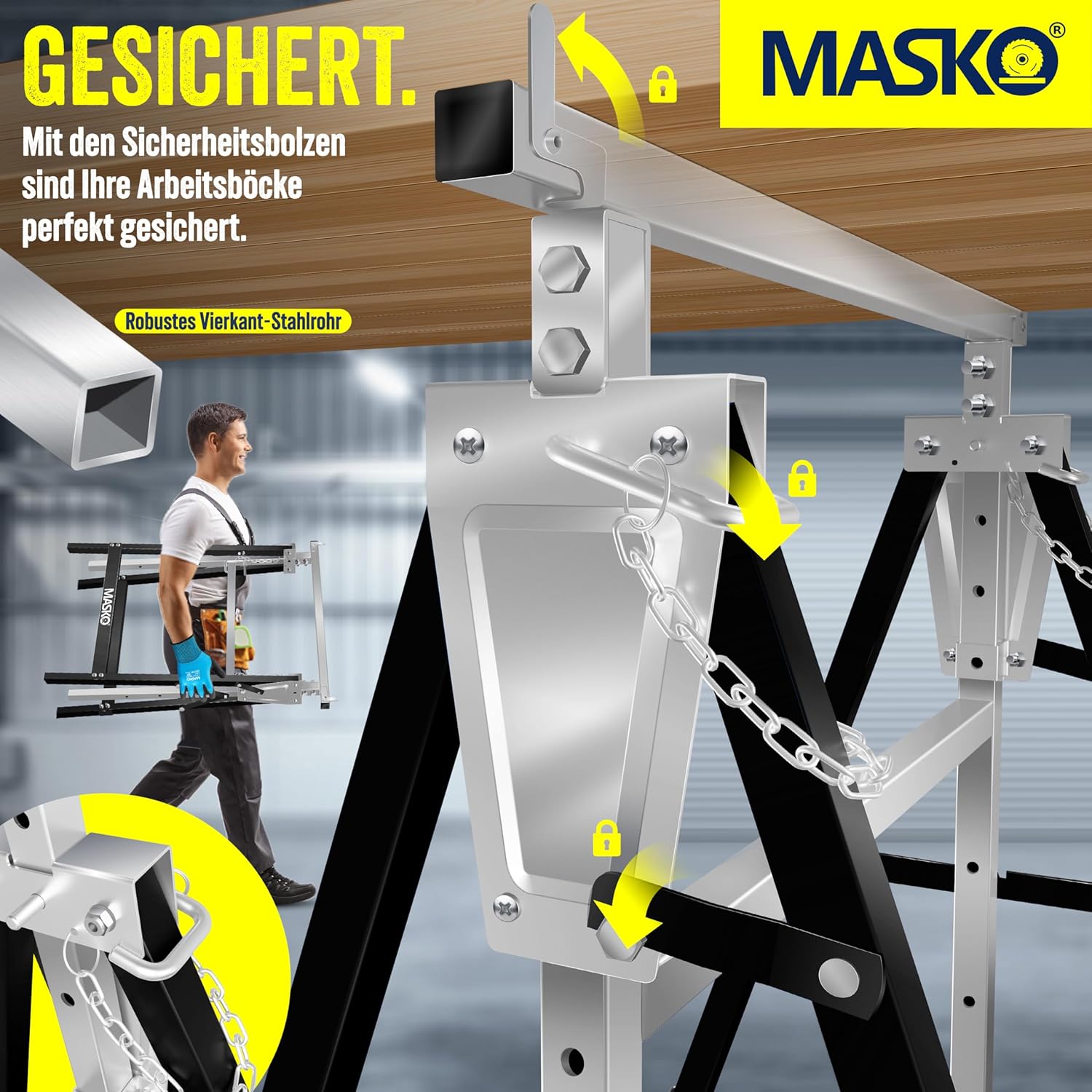 MASKO® Teleskop-Arbeitsbock Untergestell 2-er Set | Klappbock max. Belastbarkeit 200 kg | Unterstellbock höhenverstellbar Min. / max. Arbeitshöhe 800-1300 mm | Gerüstbock inkl. Handschuhe | Schwarz — Ansicht 4