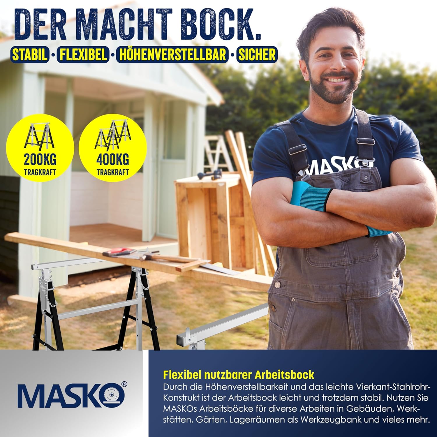 MASKO® Teleskop-Arbeitsbock Untergestell 2-er Set | Klappbock max. Belastbarkeit 200 kg | Unterstellbock höhenverstellbar Min. / max. Arbeitshöhe 800-1300 mm | Gerüstbock inkl. Handschuhe | Schwarz — Ansicht 6