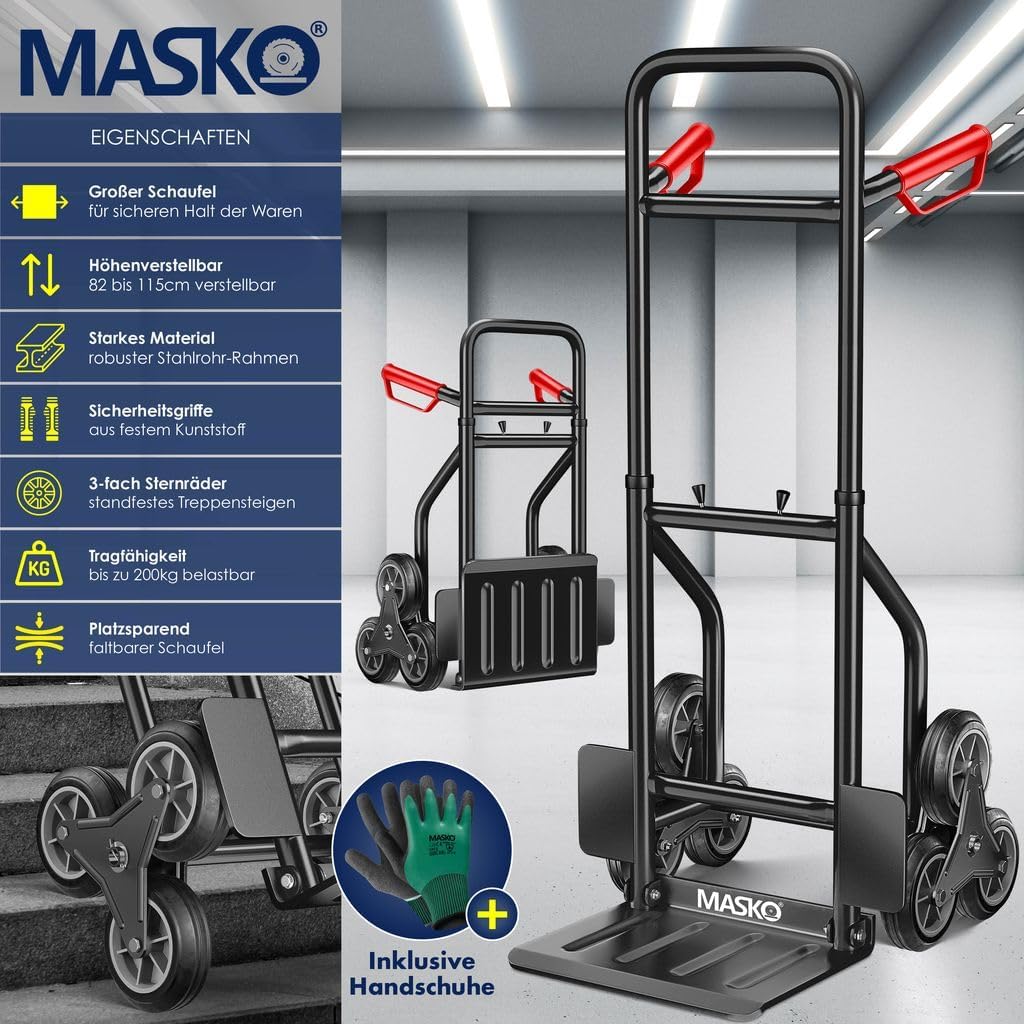 MASKO® Treppenkarre Sackkarre 200kg Transportkarre Treppensteiger Stapelkarre,klappbar Treppensackkarre Hartgummireifen| Kunststoff Griffe | Stahl Rahmen | 3-Fach Sternräder |Inkl. Handschuhe,Schwarz — Ansicht 2