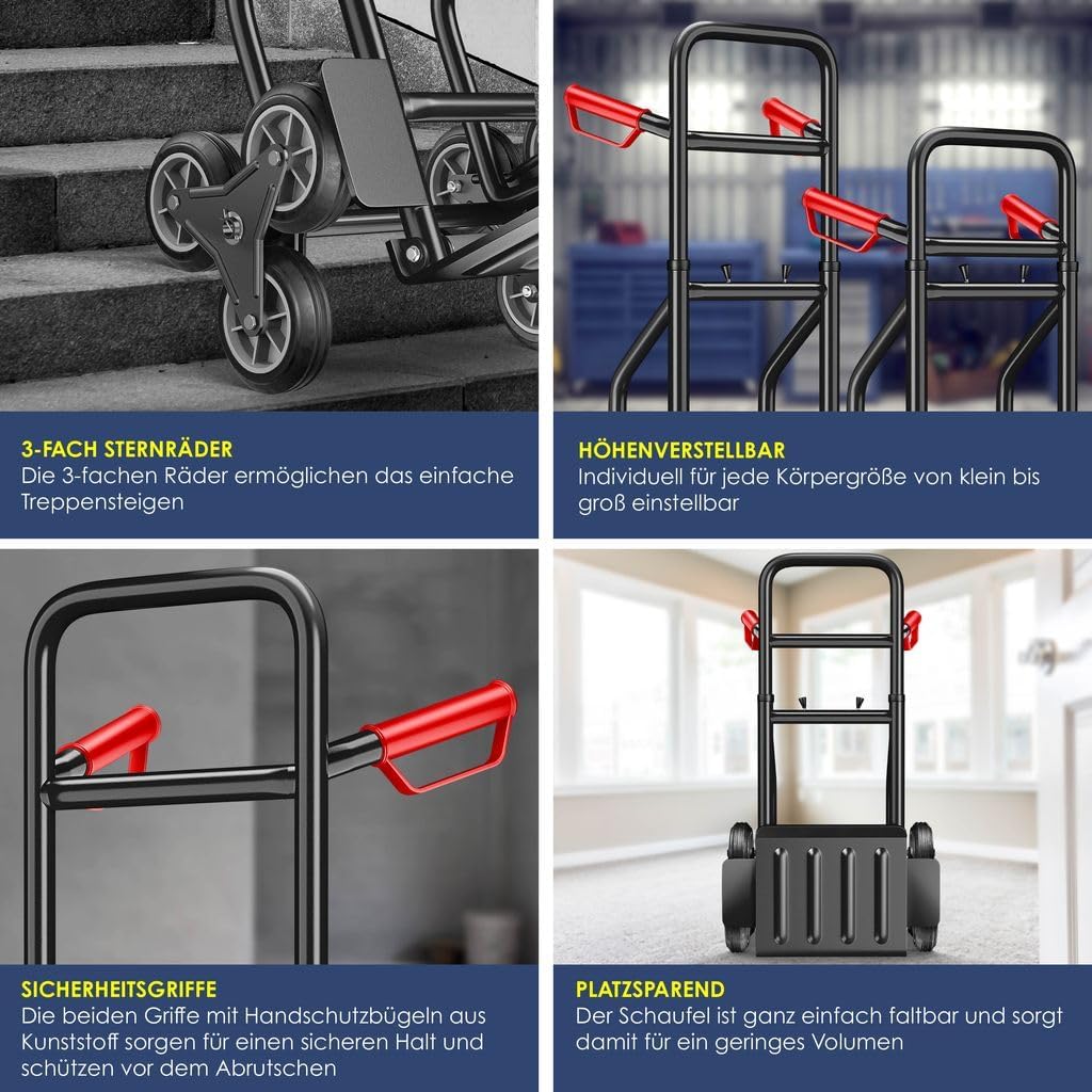 MASKO® Treppenkarre Sackkarre 200kg Transportkarre Treppensteiger Stapelkarre,klappbar Treppensackkarre Hartgummireifen| Kunststoff Griffe | Stahl Rahmen | 3-Fach Sternräder |Inkl. Handschuhe,Schwarz — Ansicht 3