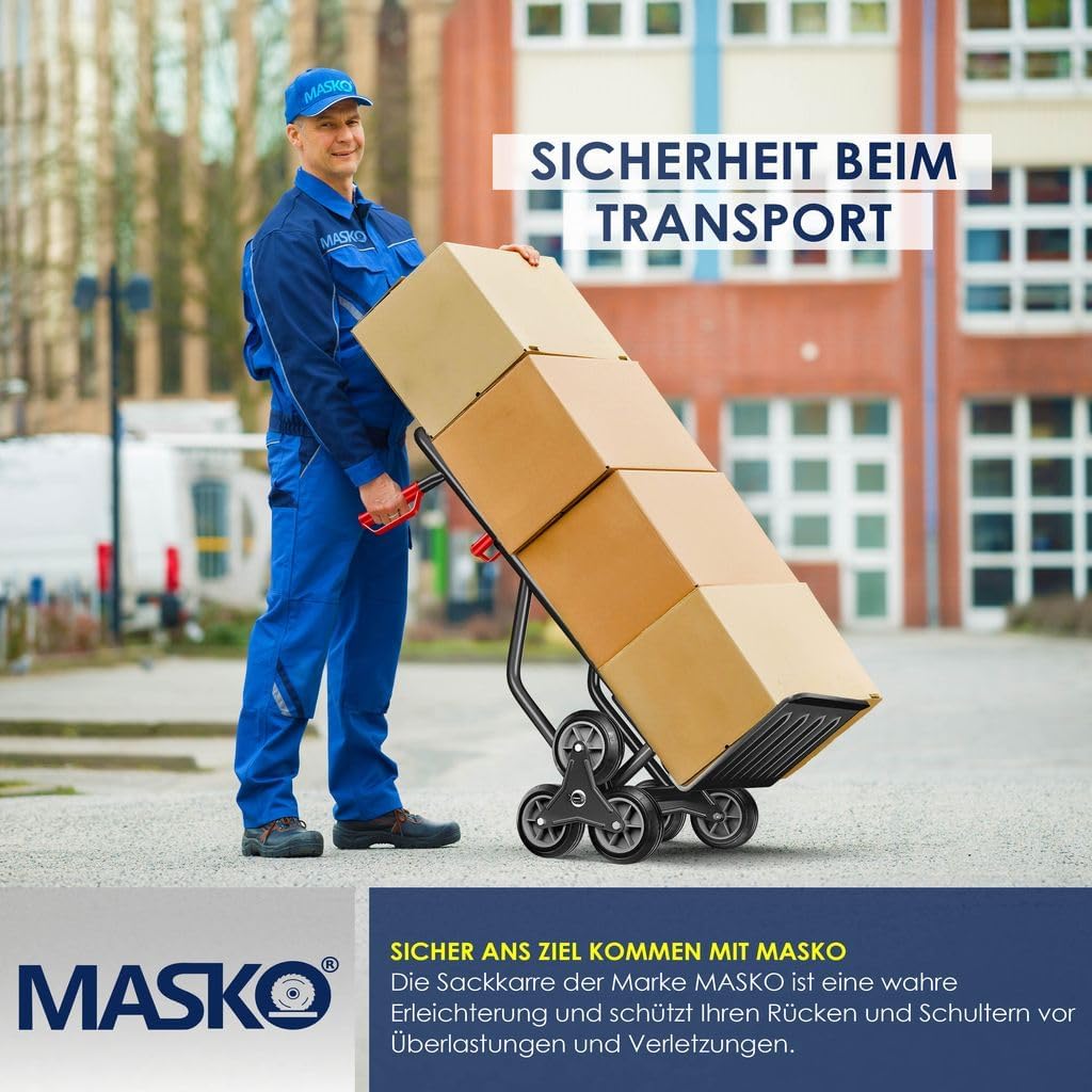 MASKO® Treppenkarre Sackkarre 200kg Transportkarre Treppensteiger Stapelkarre,klappbar Treppensackkarre Hartgummireifen| Kunststoff Griffe | Stahl Rahmen | 3-Fach Sternräder |Inkl. Handschuhe,Schwarz — Ansicht 4