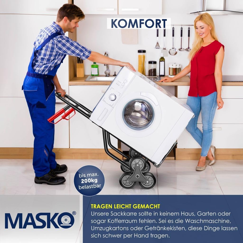 MASKO® Treppenkarre Sackkarre 200kg Transportkarre Treppensteiger Stapelkarre,klappbar Treppensackkarre Hartgummireifen| Kunststoff Griffe | Stahl Rahmen | 3-Fach Sternräder |Inkl. Handschuhe,Schwarz — Ansicht 5
