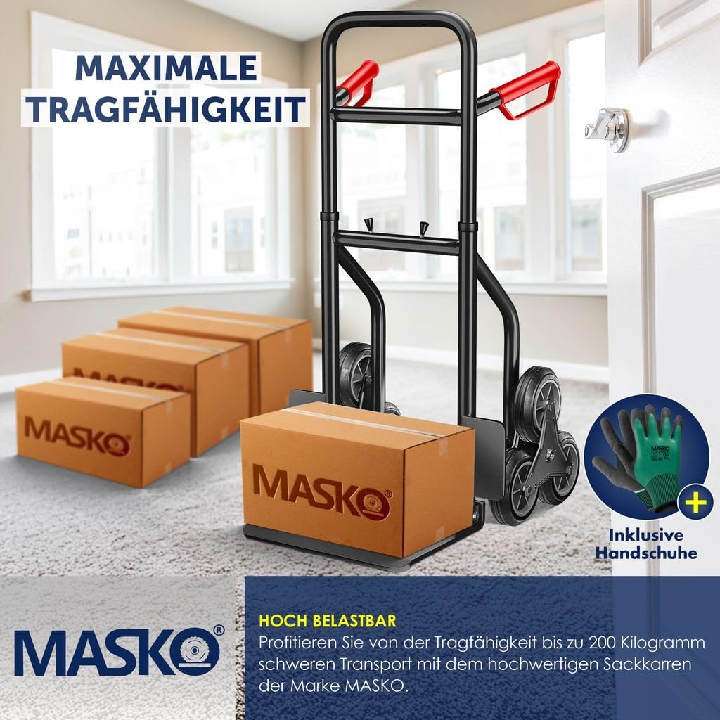 MASKO® Treppenkarre Sackkarre 200kg Transportkarre Treppensteiger Stapelkarre,klappbar Treppensackkarre Hartgummireifen| Kunststoff Griffe | Stahl Rahmen | 3-Fach Sternräder |Inkl. Handschuhe,Schwarz — Ansicht 6
