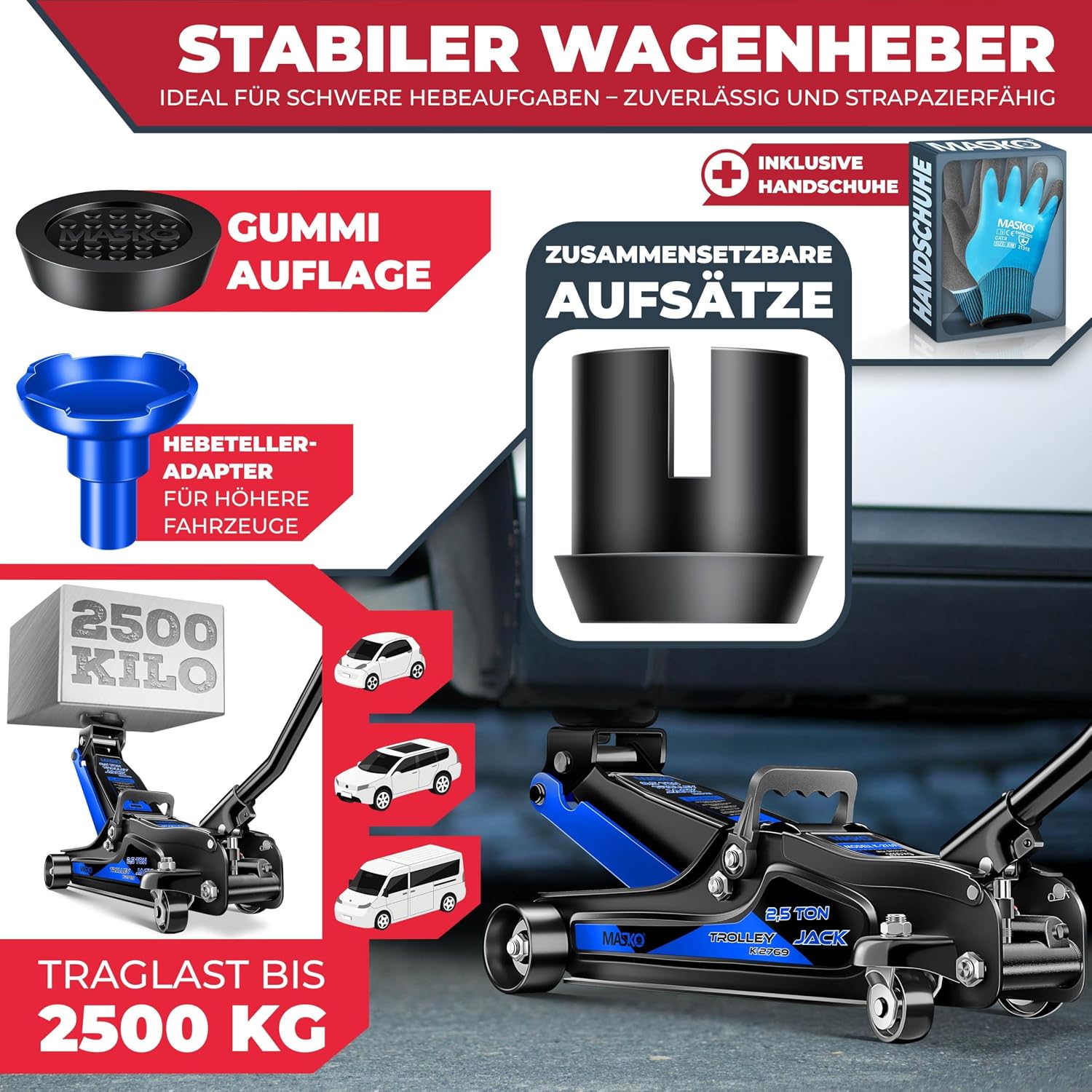 MASKO® Wagenheber hydraulisch KFZ Rangierwagenheber SUV, 360° Rollen inkl. 3X Gummiauflage, Koffer & Handschuhe Heber Unterstellbock für tiefergelegt bis hoch, 2,5T, Flache Hubhöhe 85-365mm — Ansicht 2