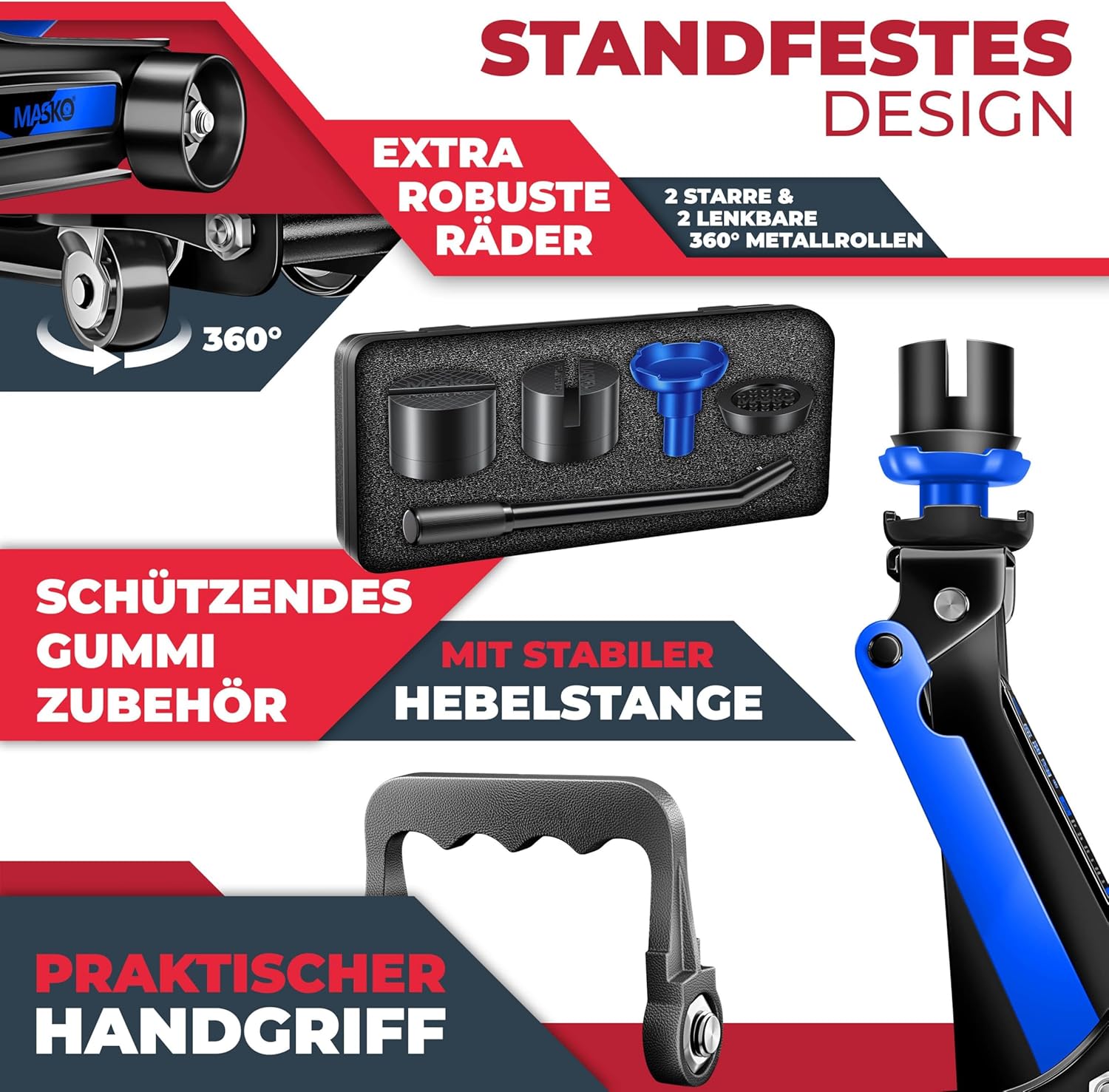 MASKO® Wagenheber hydraulisch KFZ Rangierwagenheber SUV, 360° Rollen inkl. 3X Gummiauflage, Koffer & Handschuhe Heber Unterstellbock für tiefergelegt bis hoch, 2,5T, Flache Hubhöhe 85-365mm — Ansicht 3