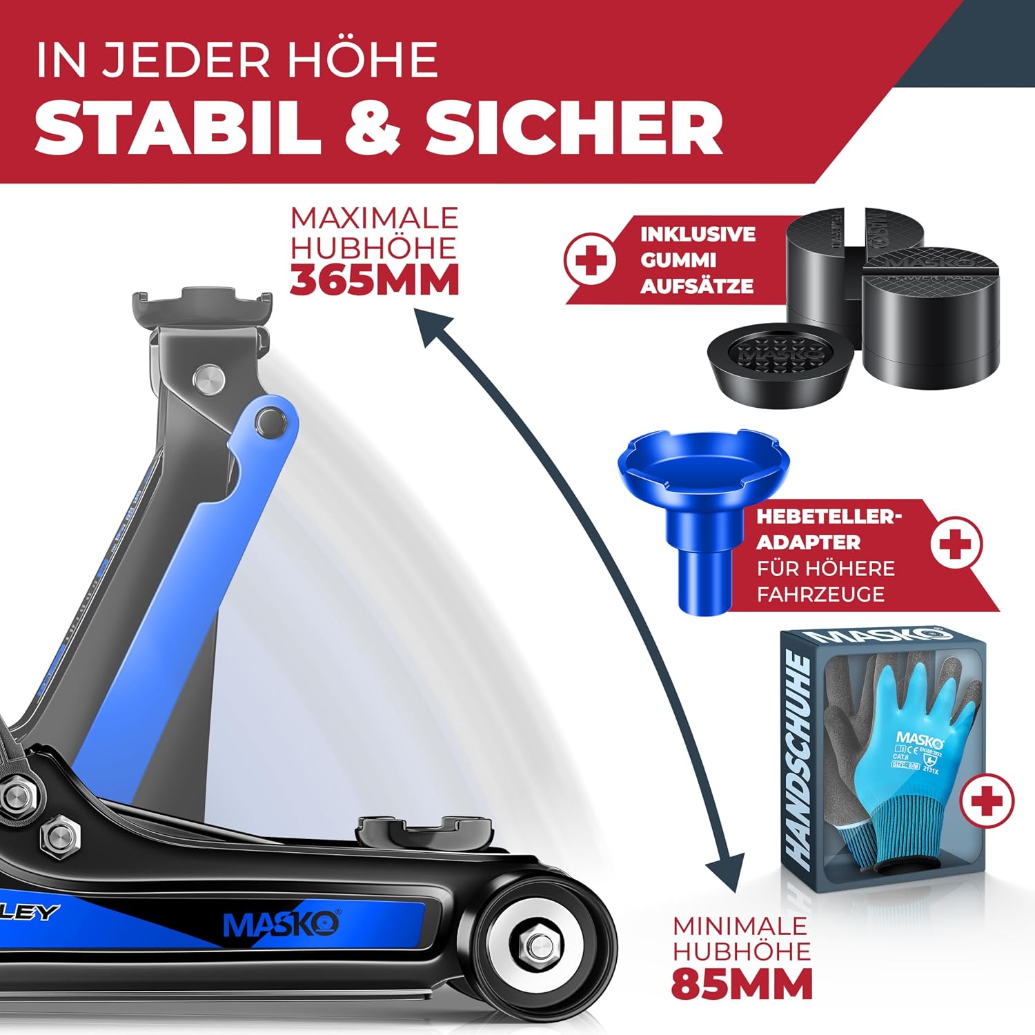 MASKO® Wagenheber hydraulisch KFZ Rangierwagenheber SUV, 360° Rollen inkl. 3X Gummiauflage, Koffer & Handschuhe Heber Unterstellbock für tiefergelegt bis hoch, 2,5T, Flache Hubhöhe 85-365mm — Ansicht 4