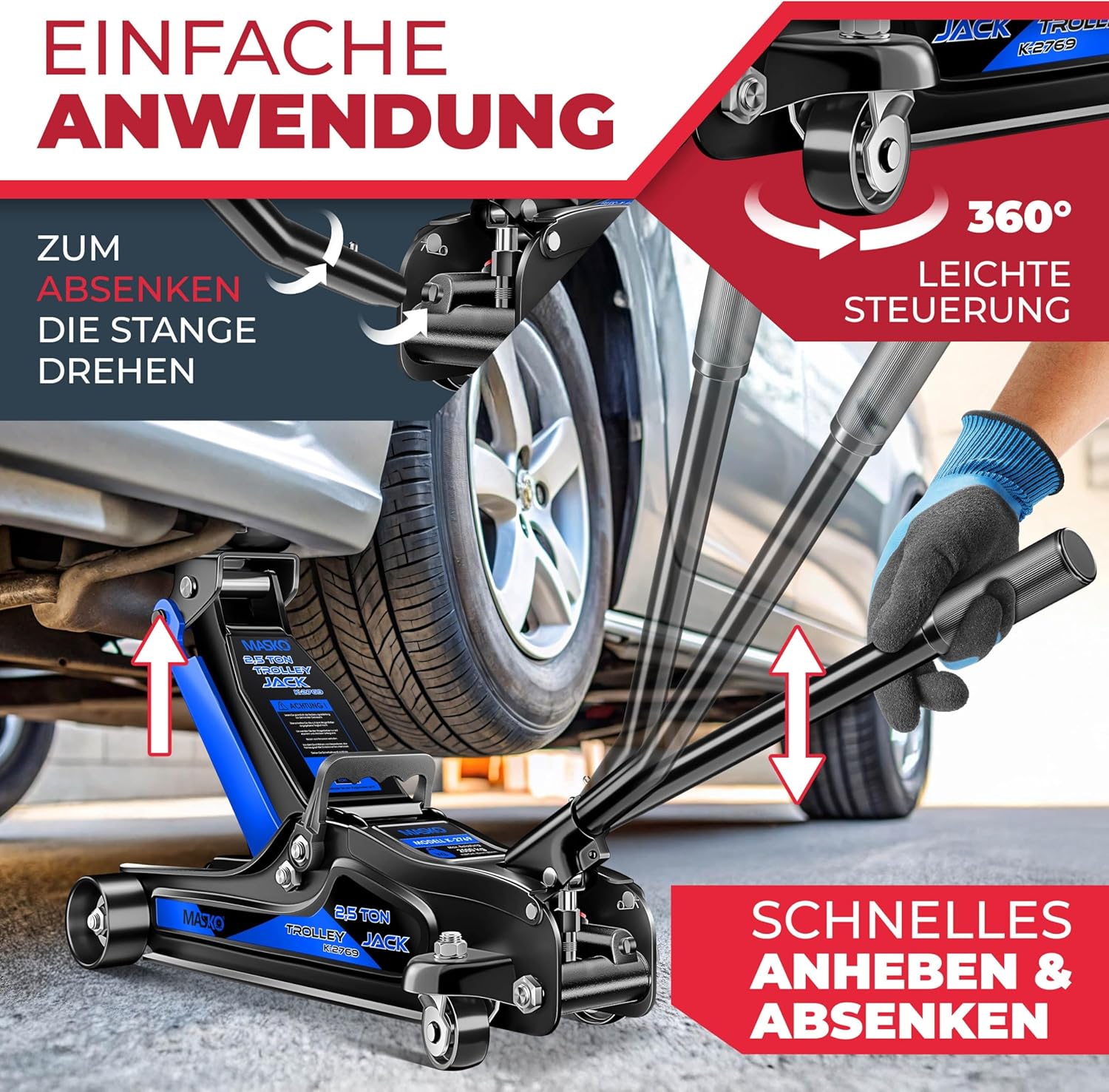 MASKO® Wagenheber hydraulisch KFZ Rangierwagenheber SUV, 360° Rollen inkl. 3X Gummiauflage, Koffer & Handschuhe Heber Unterstellbock für tiefergelegt bis hoch, 2,5T, Flache Hubhöhe 85-365mm — Ansicht 5
