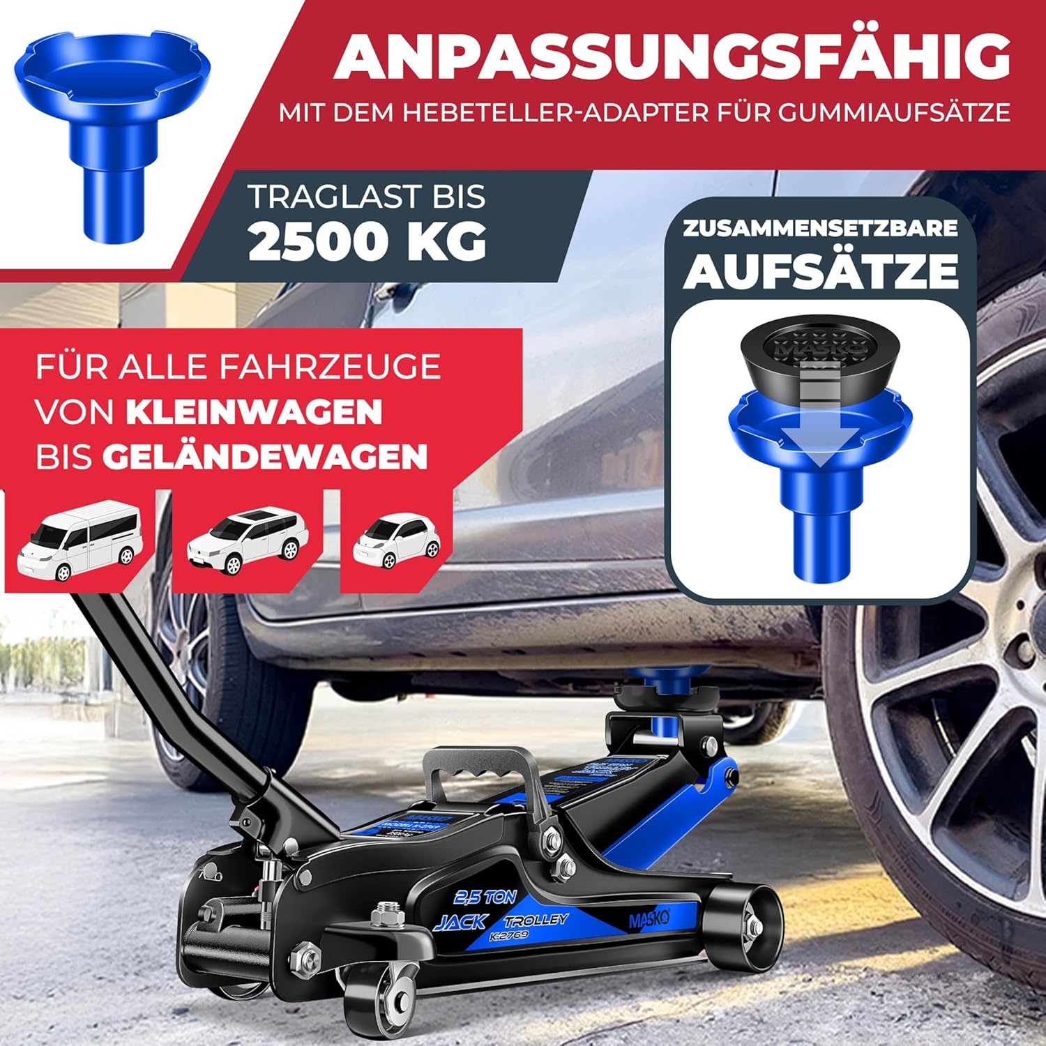 MASKO® Wagenheber hydraulisch KFZ Rangierwagenheber SUV, 360° Rollen inkl. 3X Gummiauflage, Koffer & Handschuhe Heber Unterstellbock für tiefergelegt bis hoch, 2,5T, Flache Hubhöhe 85-365mm — Ansicht 6