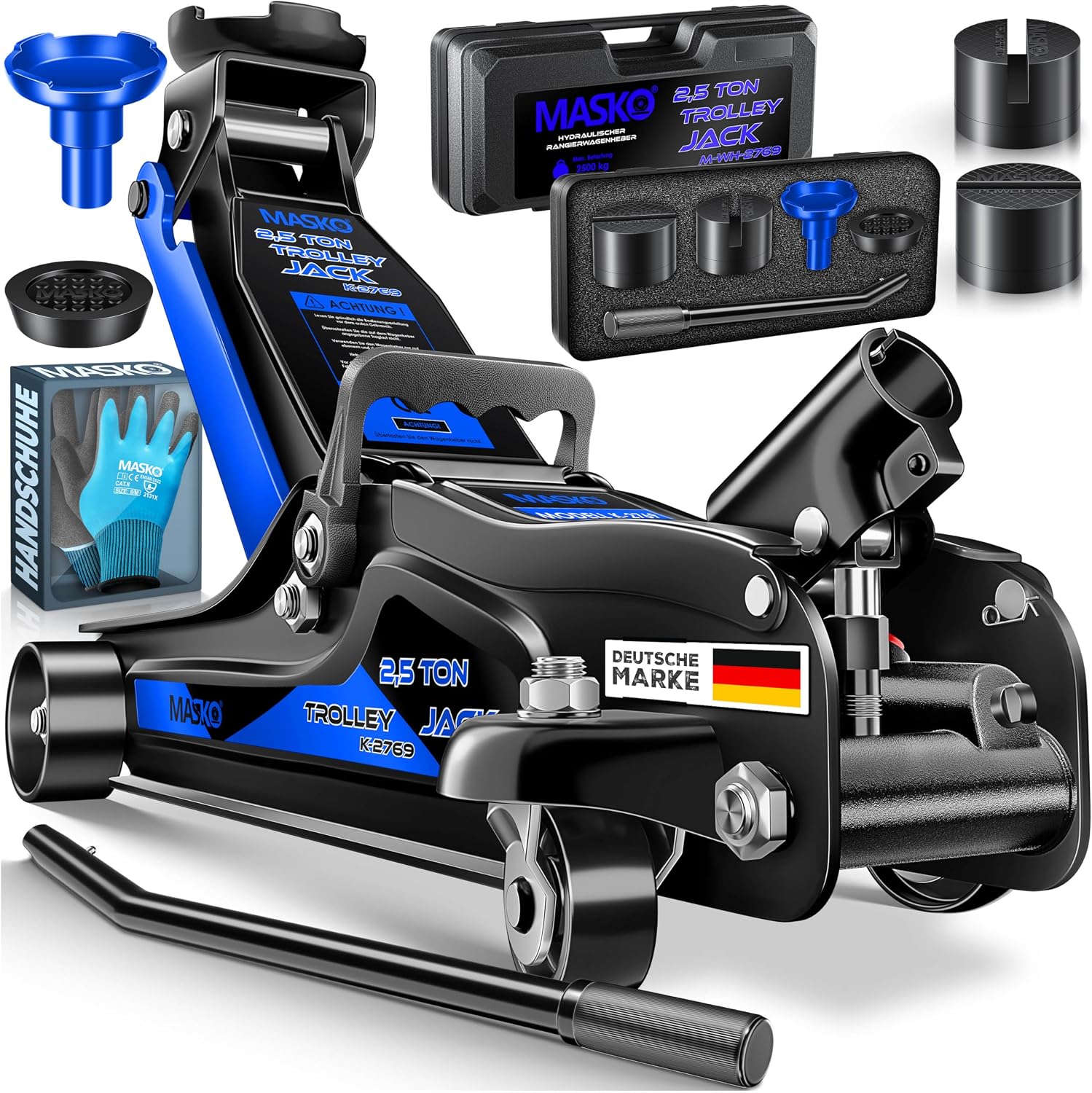 MASKO® Wagenheber hydraulisch KFZ Rangierwagenheber SUV, 360° Rollen inkl. 3X Gummiauflage, Koffer & Handschuhe Heber Unterstellbock für tiefergelegt bis hoch, 2,5T, Flache Hubhöhe 85-365mm