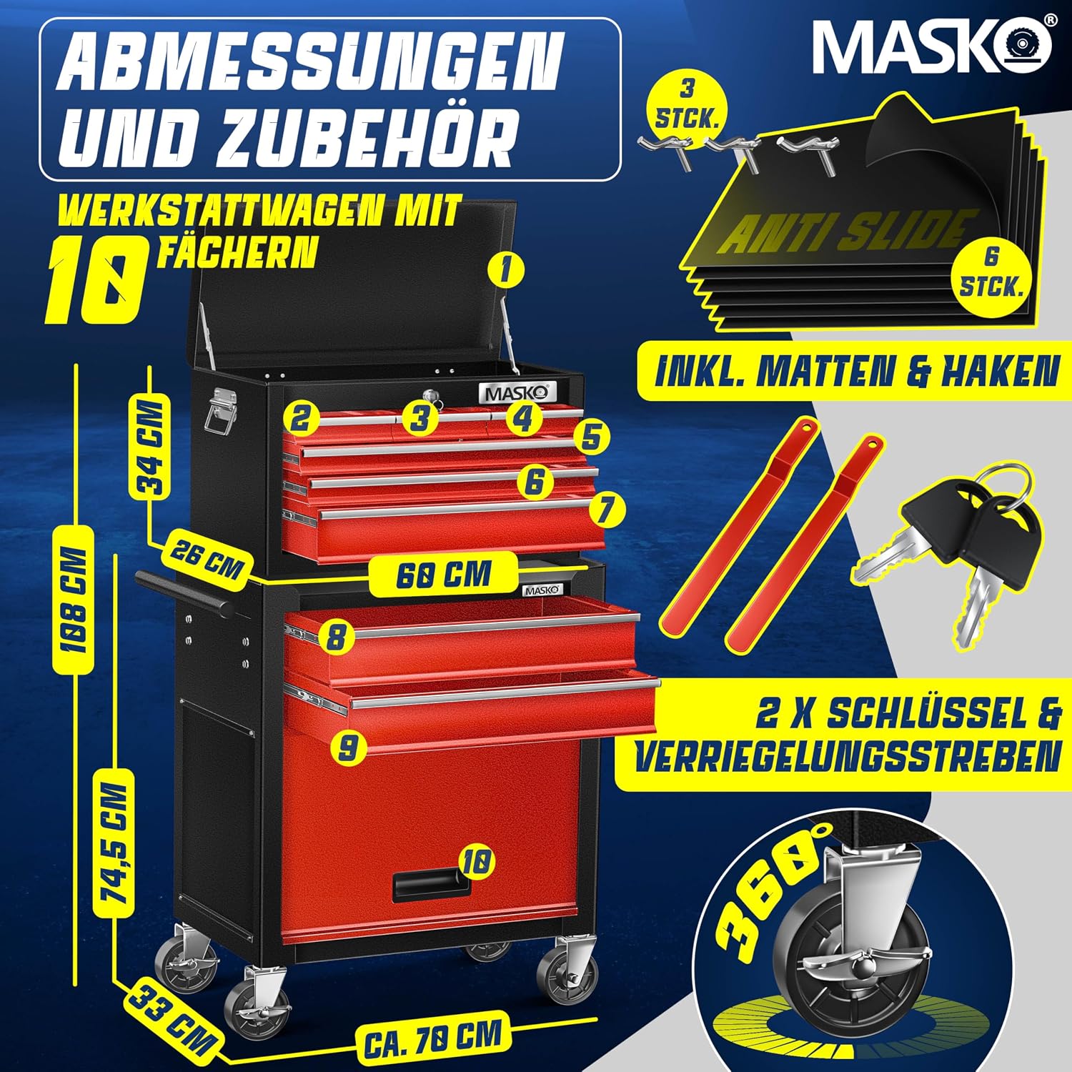 MASKO® Werkstattwagen inkl. Koffer - 9 Fächer Abschließbar | Massives Metall | Mobiler Werkzeug-Wagen ohne Werkzeug | Profi| Rollwagen zur Werkzeugaufbewahrung mit Schloss | Schwarz/Rot — Ansicht 2