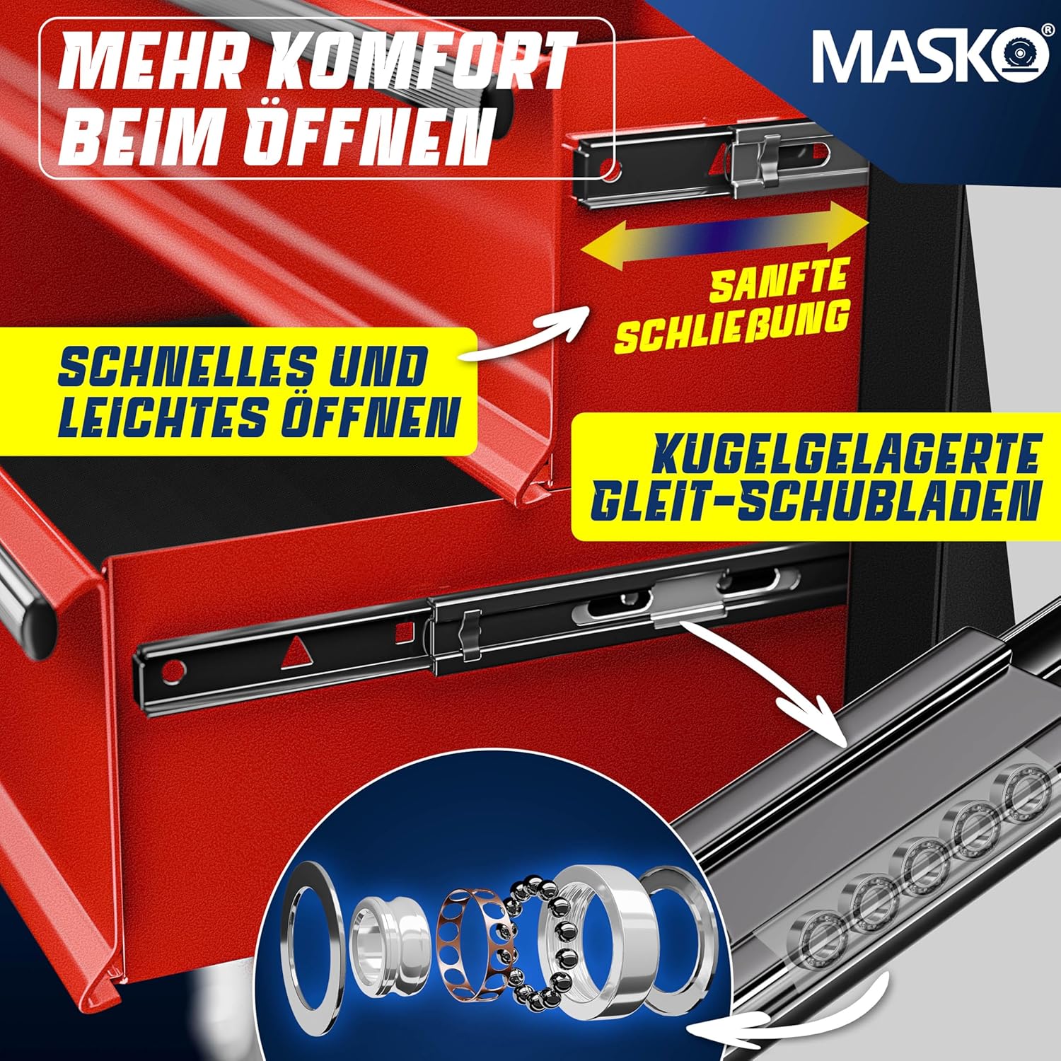 MASKO® Werkstattwagen inkl. Koffer - 9 Fächer Abschließbar | Massives Metall | Mobiler Werkzeug-Wagen ohne Werkzeug | Profi| Rollwagen zur Werkzeugaufbewahrung mit Schloss | Schwarz/Rot — Ansicht 3