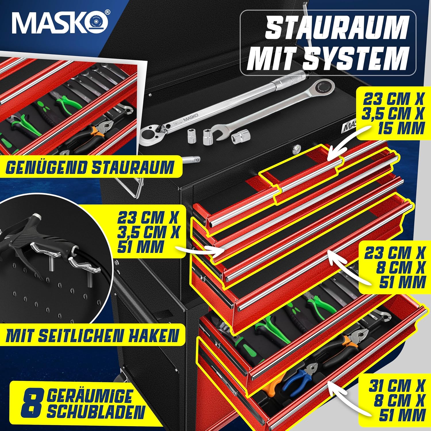 MASKO® Werkstattwagen inkl. Koffer - 9 Fächer Abschließbar | Massives Metall | Mobiler Werkzeug-Wagen ohne Werkzeug | Profi| Rollwagen zur Werkzeugaufbewahrung mit Schloss | Schwarz/Rot — Ansicht 4