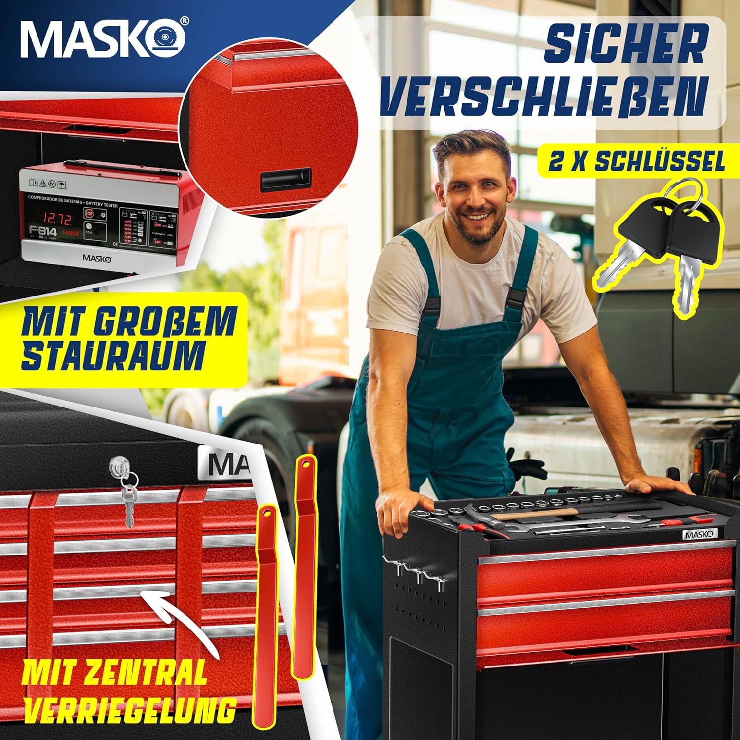 MASKO® Werkstattwagen inkl. Koffer - 9 Fächer Abschließbar | Massives Metall | Mobiler Werkzeug-Wagen ohne Werkzeug | Profi| Rollwagen zur Werkzeugaufbewahrung mit Schloss | Schwarz/Rot — Ansicht 5