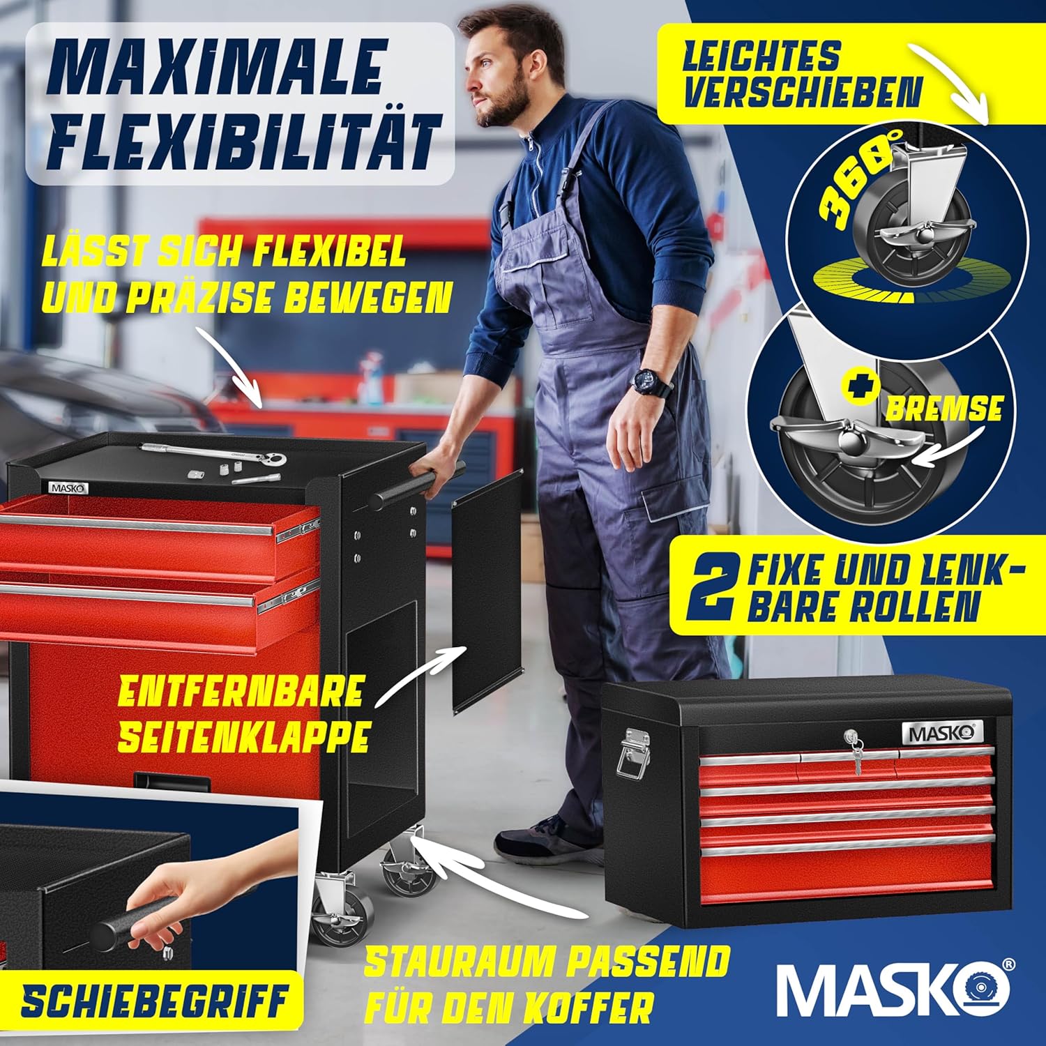 MASKO® Werkstattwagen inkl. Koffer - 9 Fächer Abschließbar | Massives Metall | Mobiler Werkzeug-Wagen ohne Werkzeug | Profi| Rollwagen zur Werkzeugaufbewahrung mit Schloss | Schwarz/Rot — Ansicht 6