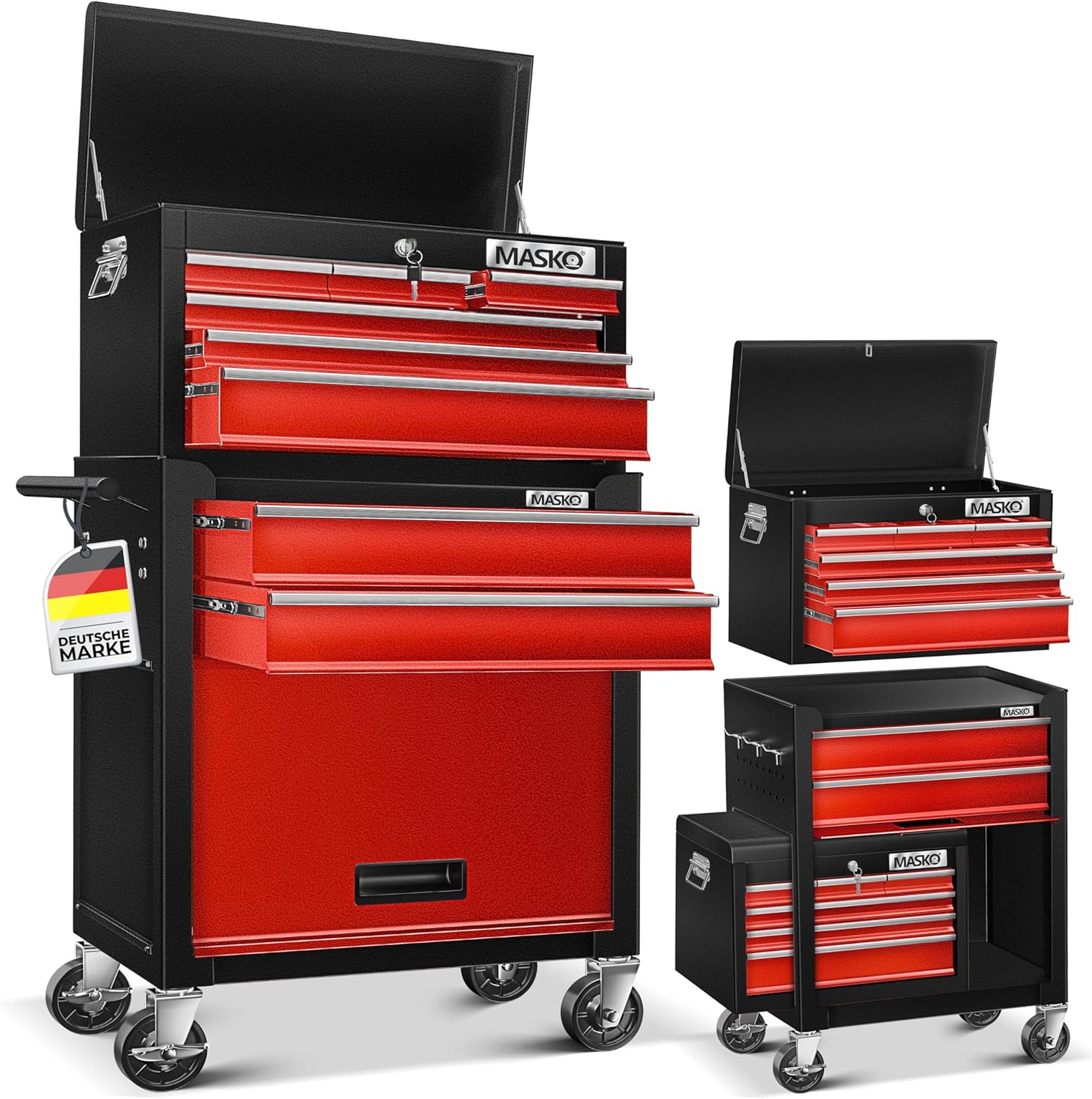 MASKO® Werkstattwagen inkl. Koffer - 9 Fächer Abschließbar | Massives Metall | Mobiler Werkzeug-Wagen ohne Werkzeug | Profi| Rollwagen zur Werkzeugaufbewahrung mit Schloss | Schwarz/Rot
