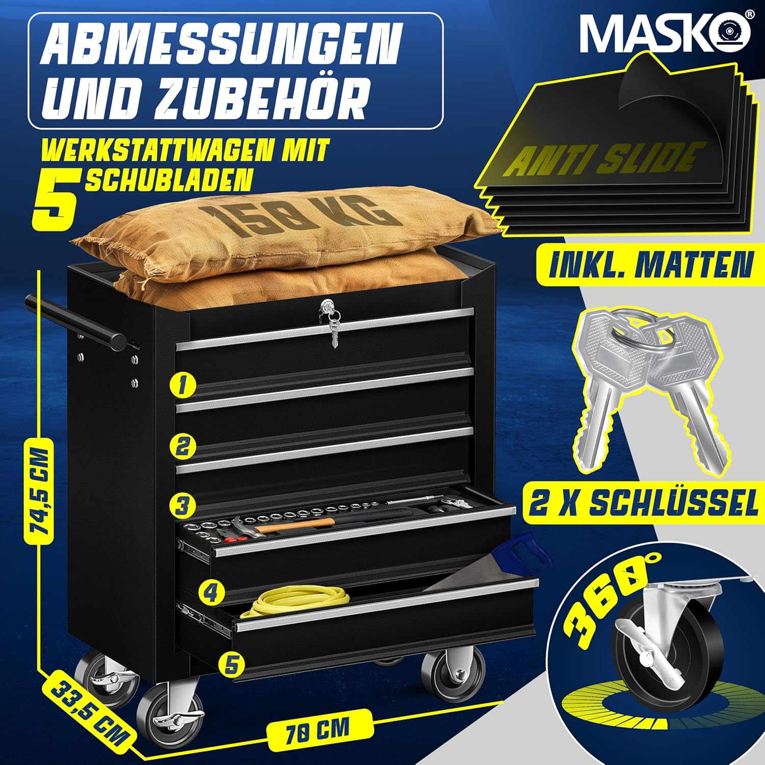 MASKO® Werkstattwagen rollbar 5 Schubladen abschließbar, mobiler Rollwagen zur Werkzeugaufbewahrung mit Schloss & Kugellager-Schubladen, Stabiler Werkstatt Trolley aus massiven Metall, Schwarz — Ansicht 2