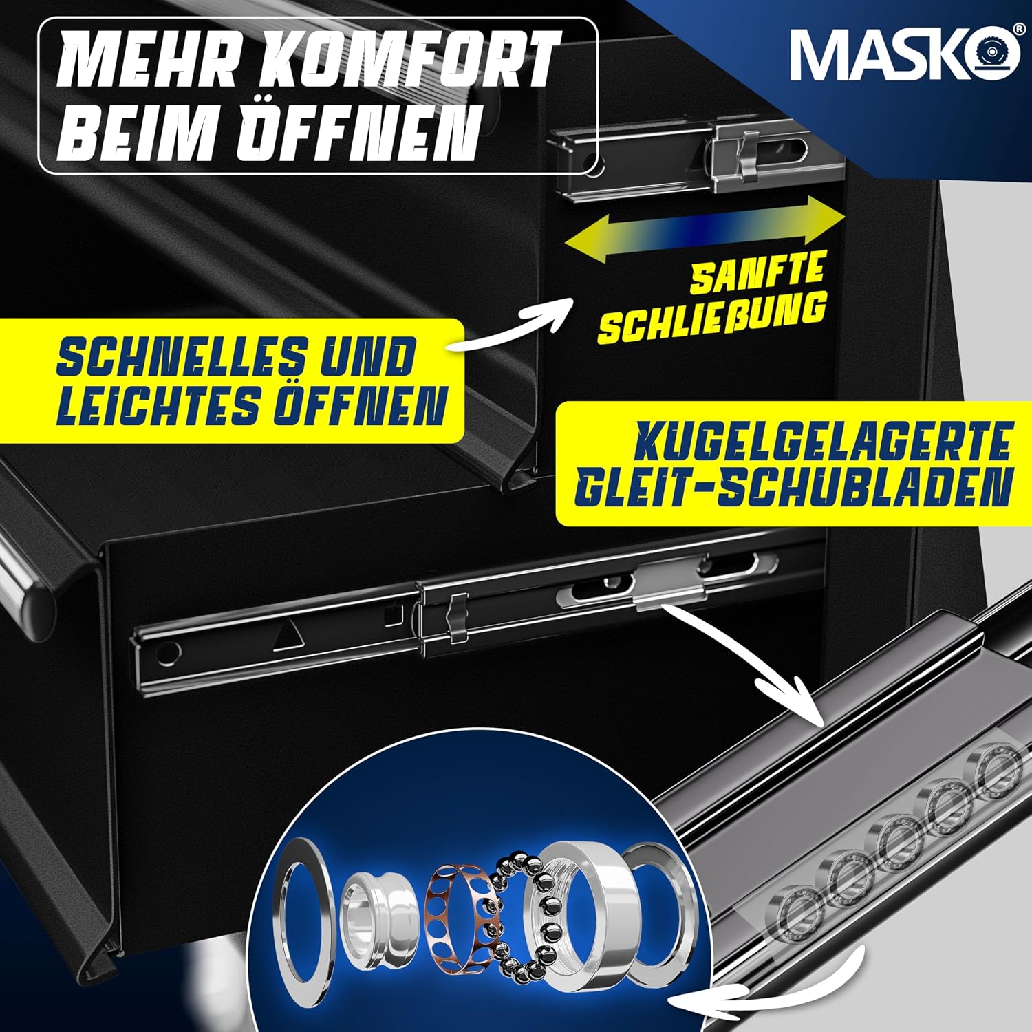 MASKO® Werkstattwagen rollbar 5 Schubladen abschließbar, mobiler Rollwagen zur Werkzeugaufbewahrung mit Schloss & Kugellager-Schubladen, Stabiler Werkstatt Trolley aus massiven Metall, Schwarz — Ansicht 3