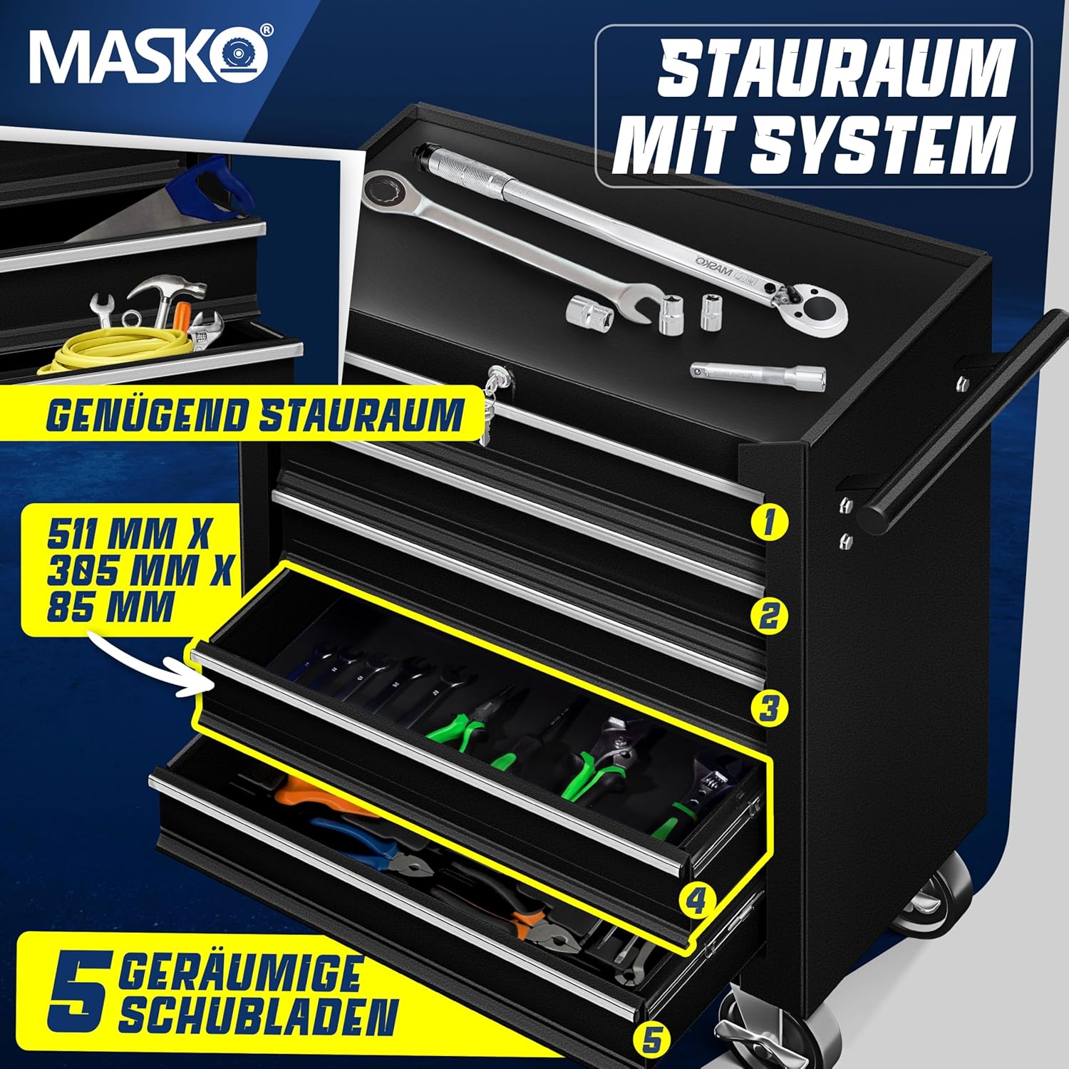 MASKO® Werkstattwagen rollbar 5 Schubladen abschließbar, mobiler Rollwagen zur Werkzeugaufbewahrung mit Schloss & Kugellager-Schubladen, Stabiler Werkstatt Trolley aus massiven Metall, Schwarz — Ansicht 4