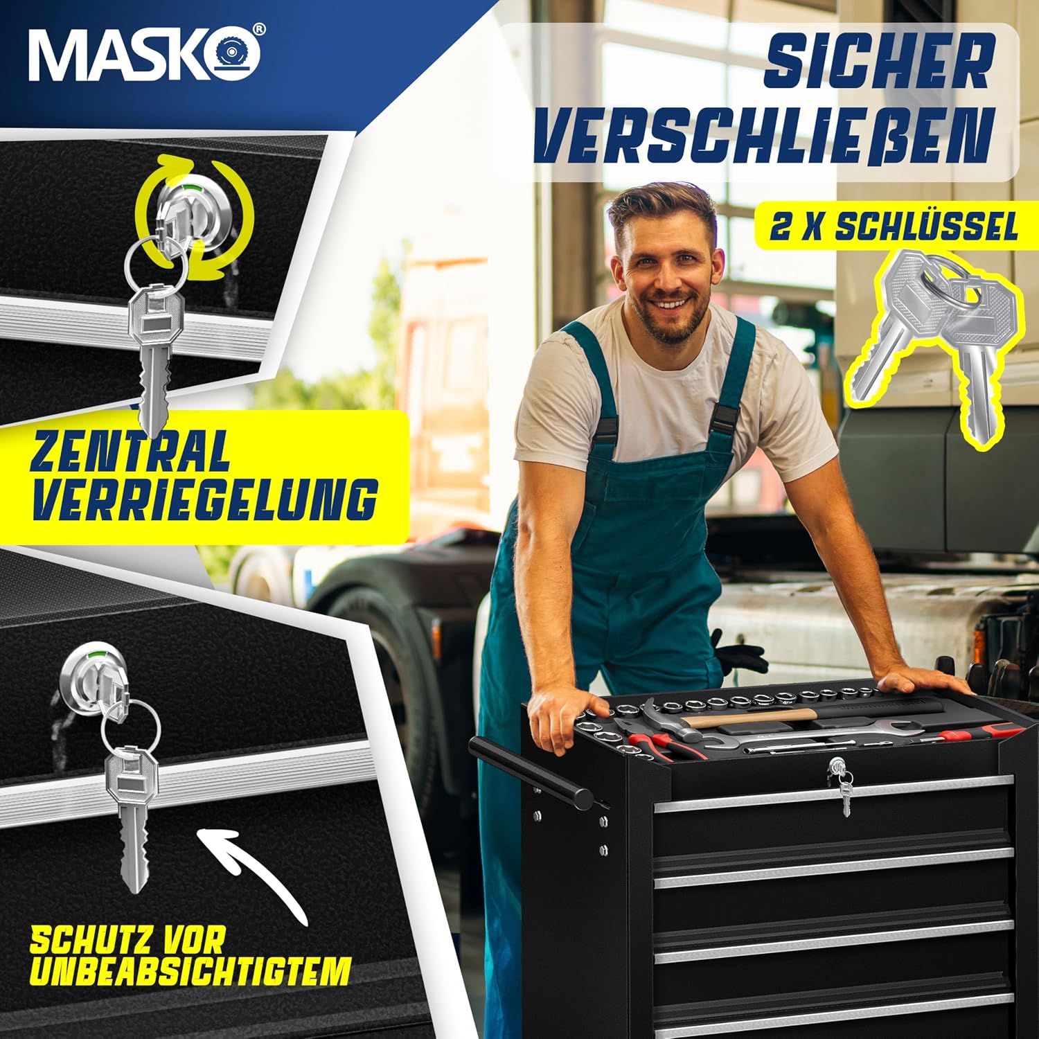 MASKO® Werkstattwagen rollbar 5 Schubladen abschließbar, mobiler Rollwagen zur Werkzeugaufbewahrung mit Schloss & Kugellager-Schubladen, Stabiler Werkstatt Trolley aus massiven Metall, Schwarz — Ansicht 5