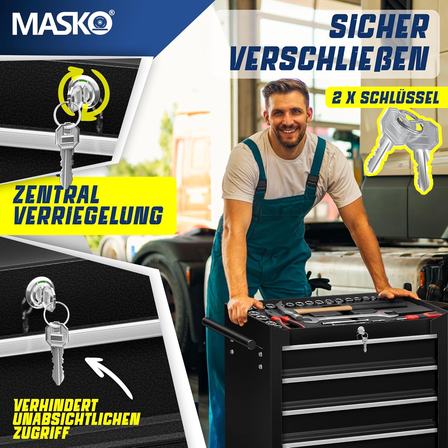 MASKO® Werkstattwagen rollbar 5 Schubladen abschließbar, mobiler Rollwagen zur Werkzeugaufbewahrung mit Schloss & Kugellager-Schubladen, Stabiler Werkstatt Trolley aus massiven Metall, Schwarz — Ansicht 6