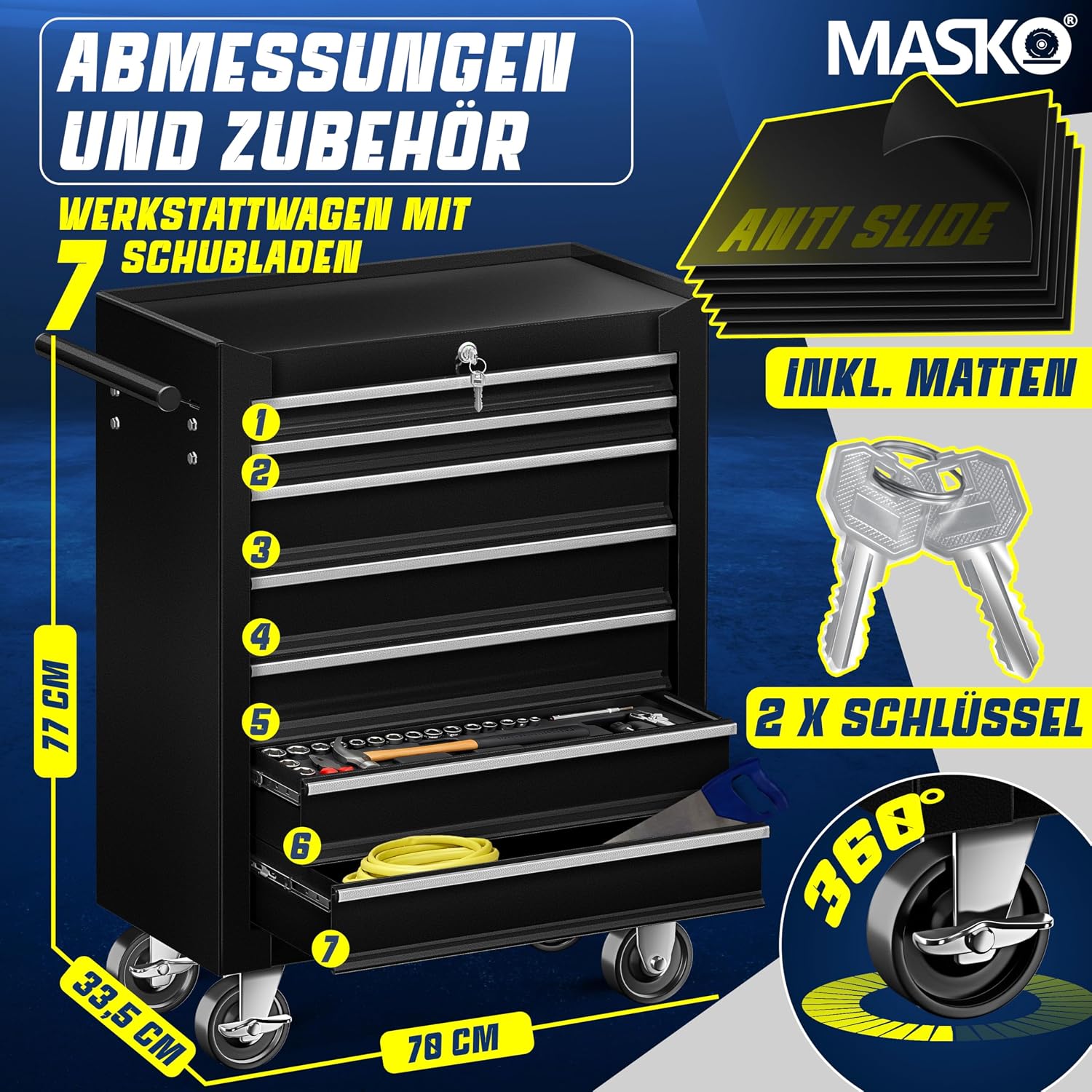 MASKO® Werkstattwagen rollbar 7 Schubladen abschließbar, mobiler Rollwagen zur Werkzeugaufbewahrung mit Schloss & Kugellager-Schubladen, Stabiler Werkstatt Trolley aus massiven Metall, Schwarz — Ansicht 2