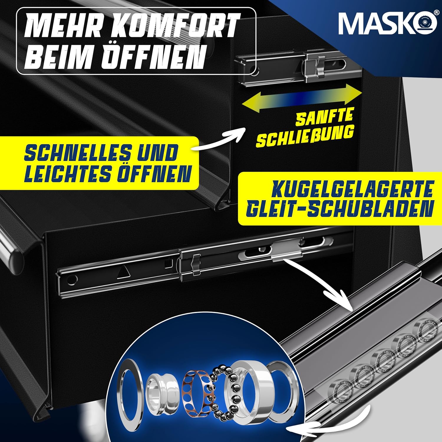 MASKO® Werkstattwagen rollbar 7 Schubladen abschließbar, mobiler Rollwagen zur Werkzeugaufbewahrung mit Schloss & Kugellager-Schubladen, Stabiler Werkstatt Trolley aus massiven Metall, Schwarz — Ansicht 3