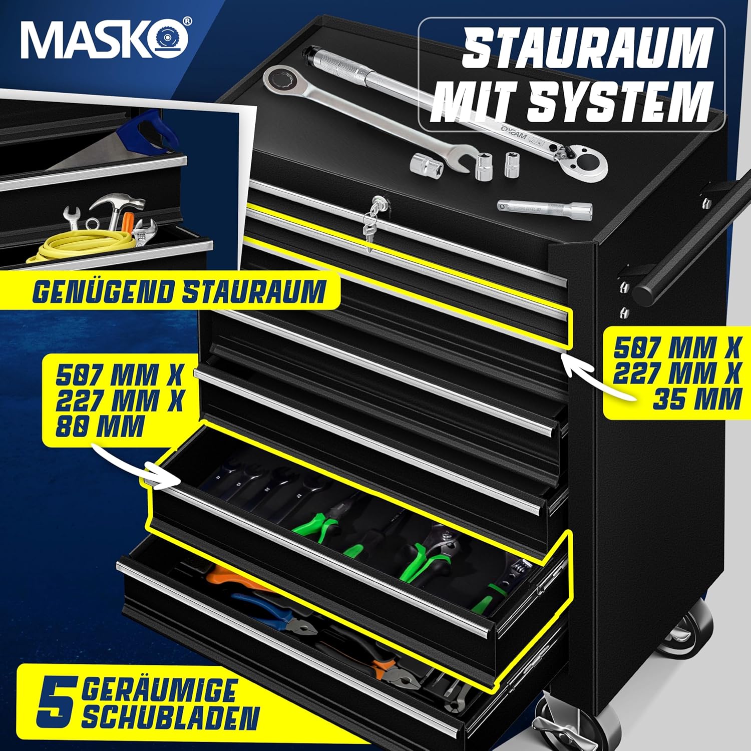 MASKO® Werkstattwagen rollbar 7 Schubladen abschließbar, mobiler Rollwagen zur Werkzeugaufbewahrung mit Schloss & Kugellager-Schubladen, Stabiler Werkstatt Trolley aus massiven Metall, Schwarz — Ansicht 4