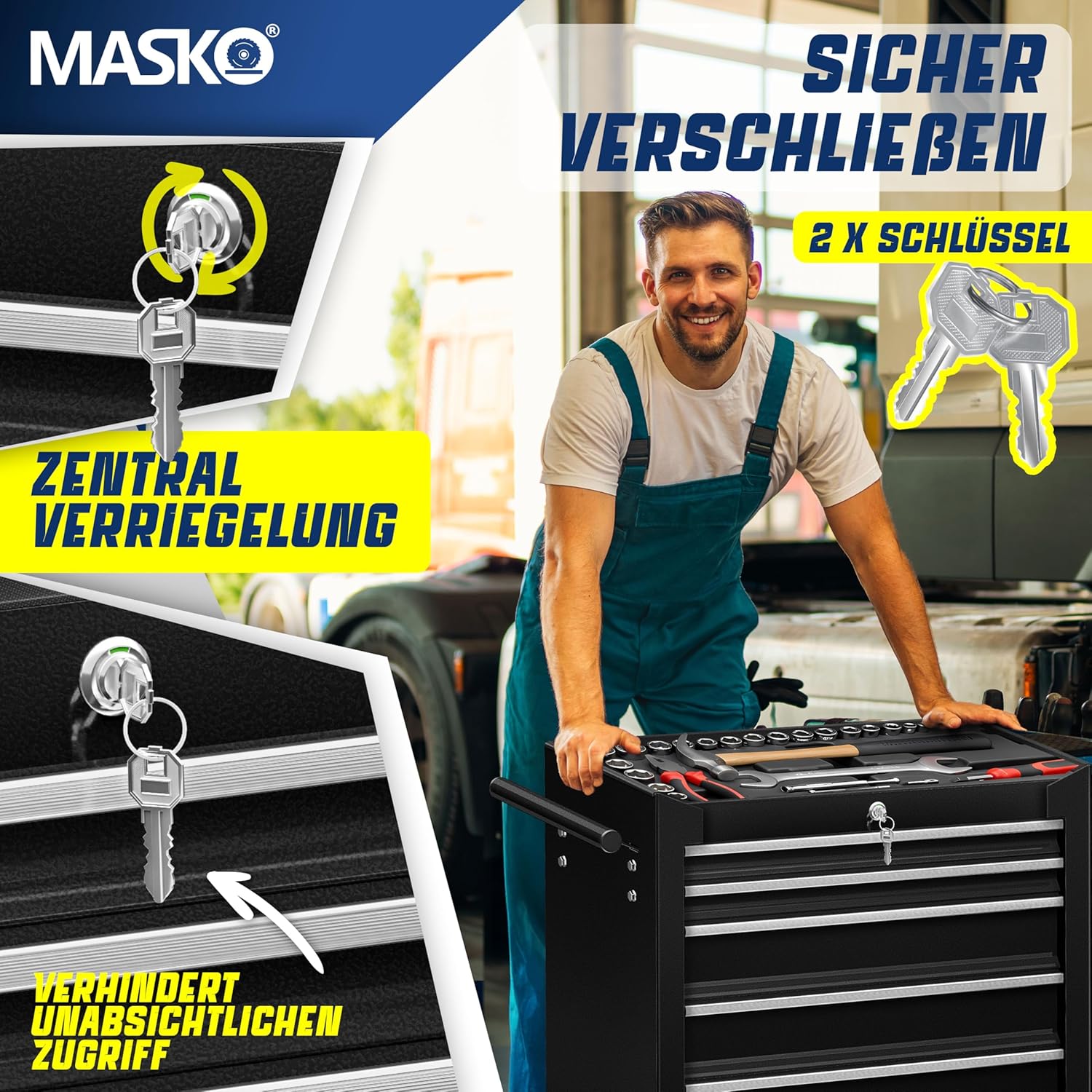 MASKO® Werkstattwagen rollbar 7 Schubladen abschließbar, mobiler Rollwagen zur Werkzeugaufbewahrung mit Schloss & Kugellager-Schubladen, Stabiler Werkstatt Trolley aus massiven Metall, Schwarz — Ansicht 5
